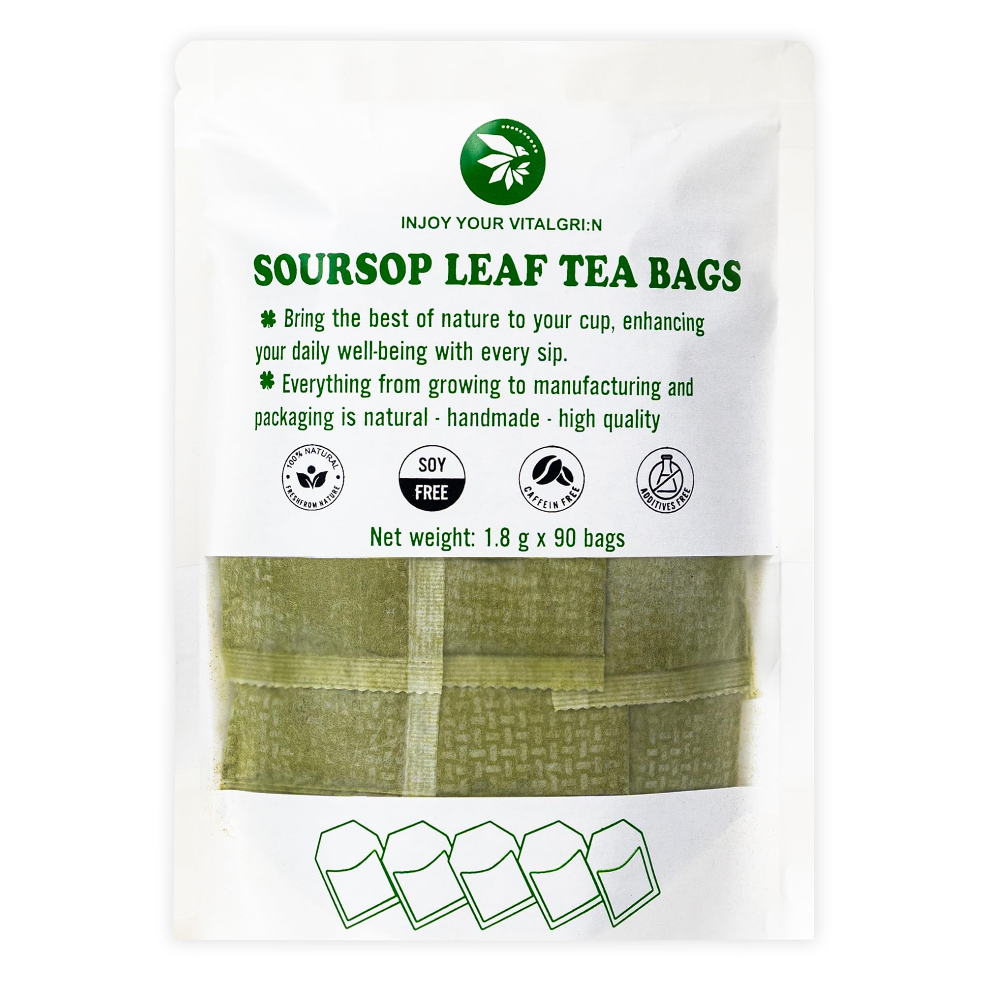 Soursop Graviola Leaf Tea Bags, 90 Count, Bamboo Tong Included, No Sugar Added, No Caffeine, Hoja De Guanabana, Re-Steep Morning Herbal Detox Tea for Relax, Refreshing & Pure Taste