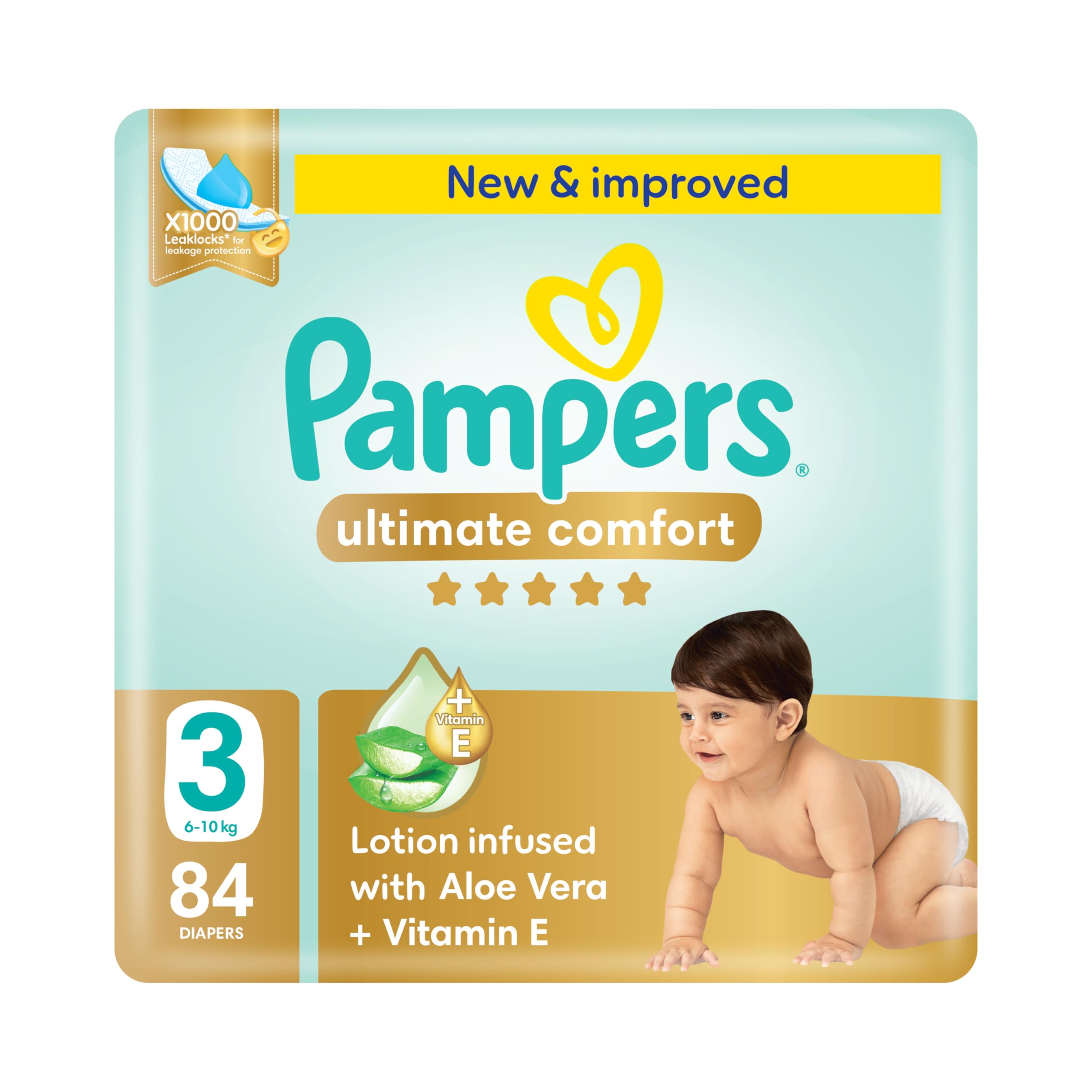 Ultimate Comfort Taped Diapers, Size 3, 6-10kg, Lotion infused with Aloe Vera and Vitamin E, x1000 Leak Locks Technology for Leakage Protection, Giant Pack, 84 Count