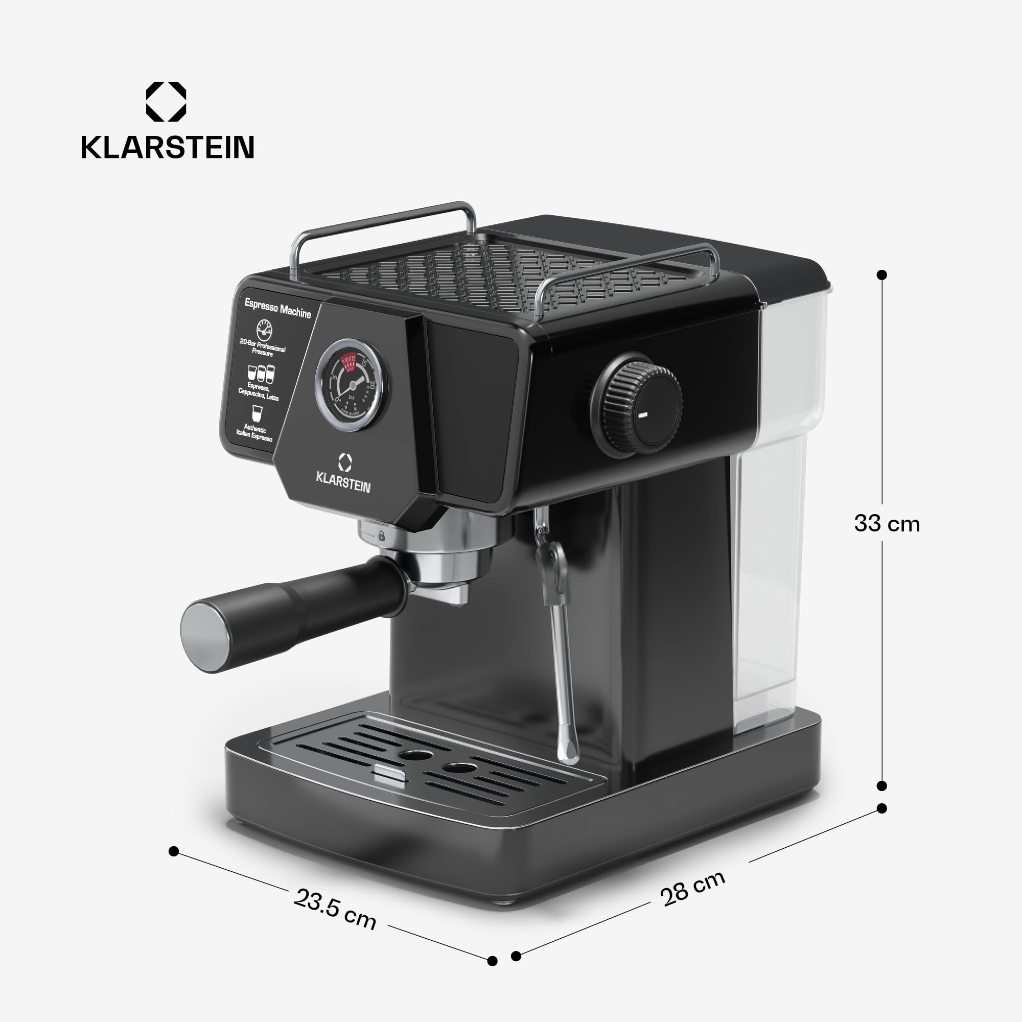 Klarstein Libeica ekspres ciśnieniowy z młynkiem – 19 Bar, 1.350 W, stal nierdzewna, zbiornik na wodę 1,8 l, dysza parowa, panel dotykowy, do espresso i kawy mielonej, zdejmowany zbiornik na wodę