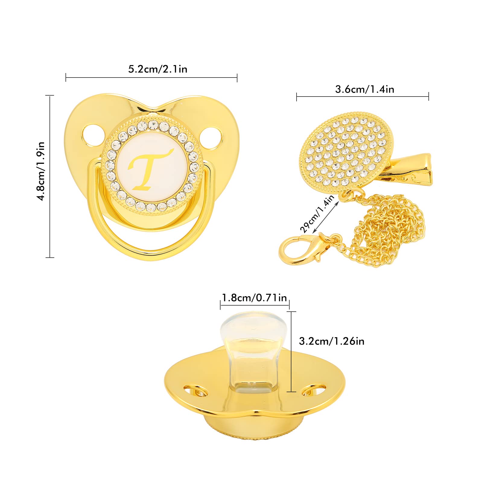 Baby Pacifier,Golden Baby Pacifier Curved Design 26 Letters Baby Pacifier with Chain Clips for Newborn (T)