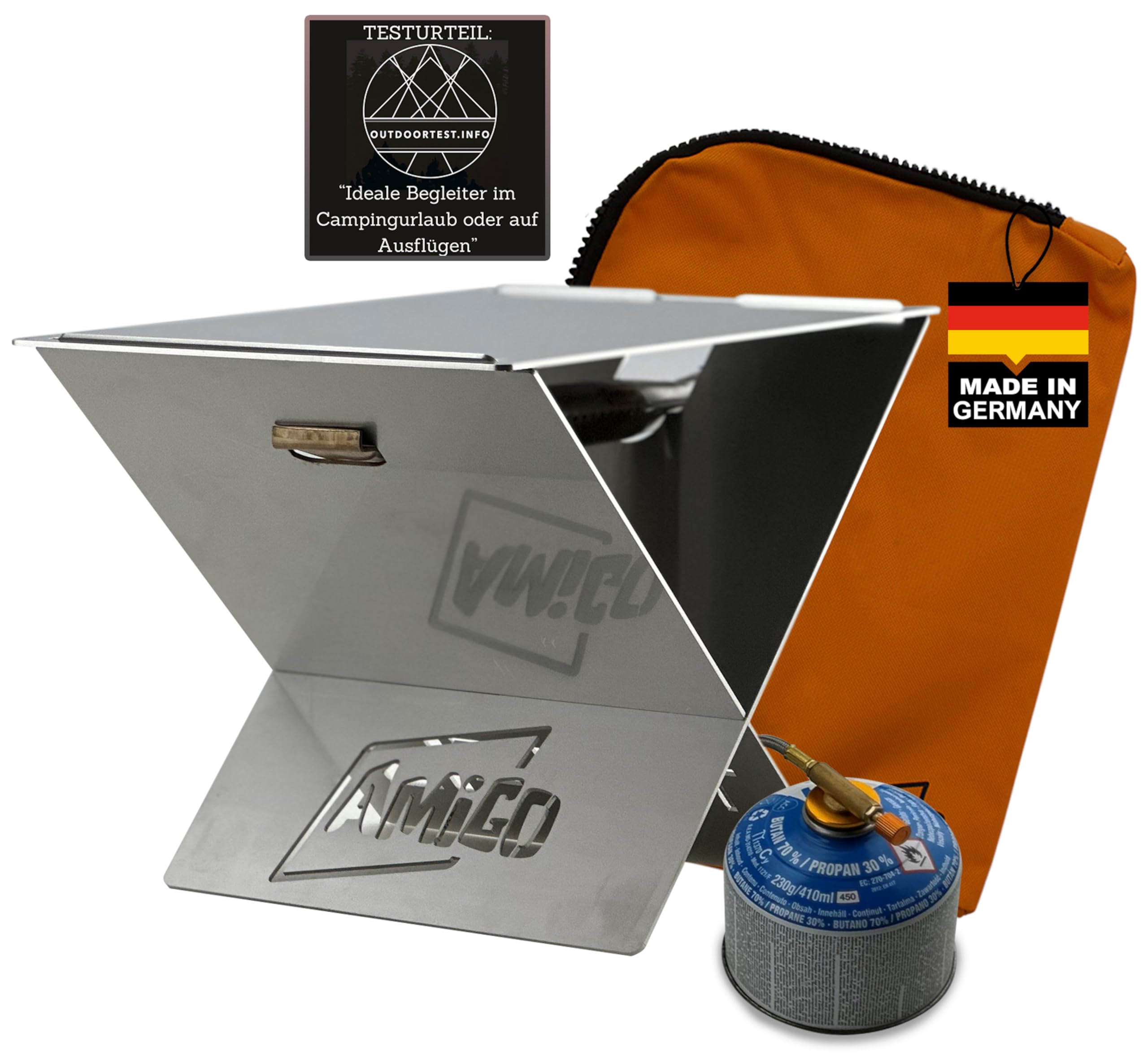 Amigo mobiler Camping Gasgrill klein & klappbar I mini Camping Grill mit Plancha inkl Trage-Tasche I perfekt für Outdoor-Fans, Camper, Balkon I Klappgrill Tischgrill made in Germany