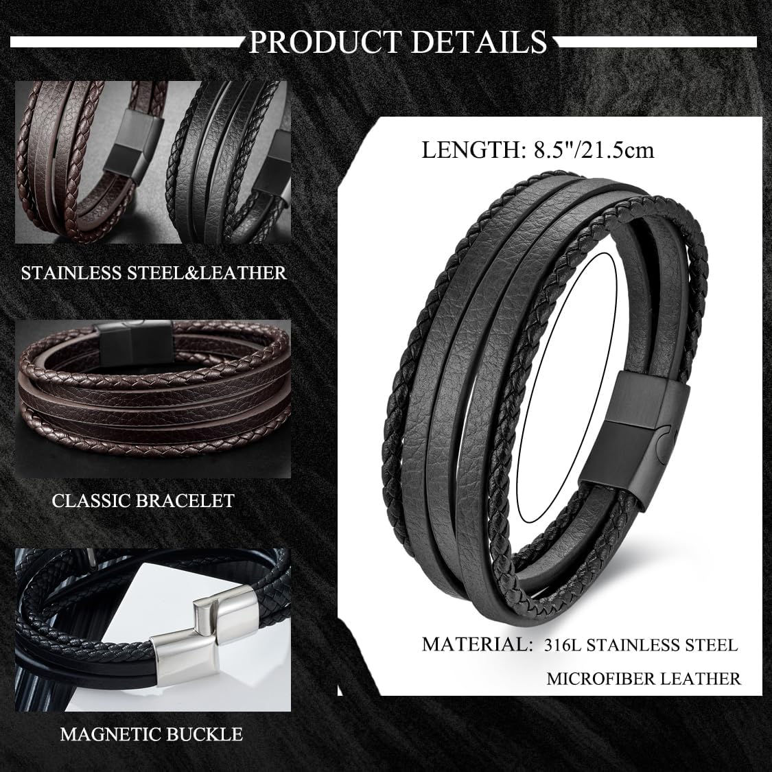 Leather Bracelet for Men – Genuine Multi-Layer Braided Wrap Wristband Bracelet Gifts for Him