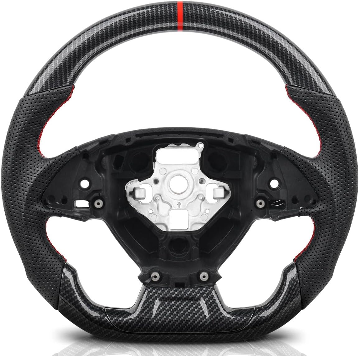 Hydro-Dip Carbon Fiber Steering Wheel for Chevy Camaro 2016-2026, High Gloss Finish Red Stripe, Track Style D-Shape Flat Bottom Non-Slip Perforated Leather Grip, for SS ZL1 LT RS LS LT