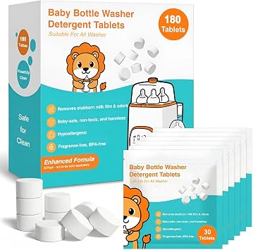 180PCS Bottle Washer Tablets, Plant-Based Detergent Tablets Compatible with Baby Brezza, Momcozy, Grownsy, Papablic and All Baby Bottle Washers, Removes Milk Residue & Odor from Bottles & Pump Parts