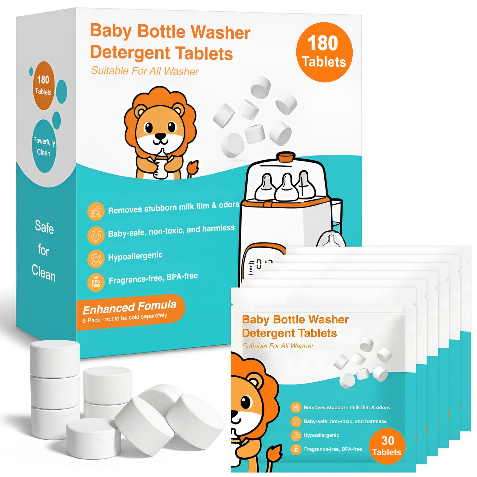 View 1 of 180PCS Bottle Washer Tablets, Plant-Based Detergent Tablets Compatible with Baby Brezza, Momcozy, Grownsy, Papablic and All Baby Bottle Washers, Removes Milk Residue & Odor from Bottles & Pump Parts