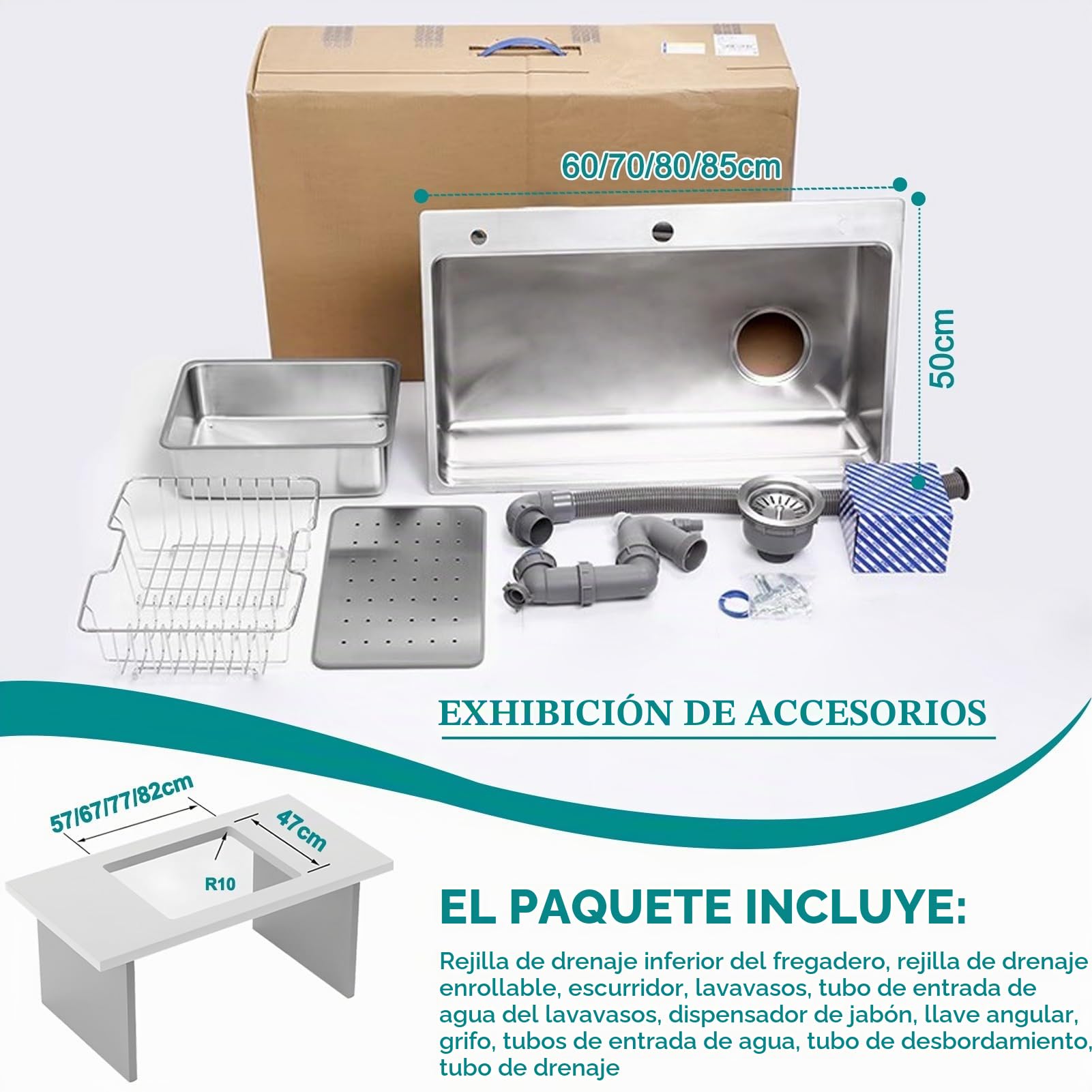 Fregadero Grande de Cocina 80x50cm, Acero Inoxidable 304 Cepillado, 1 Seno, con Tabla Cortar Inox, Escurridor, Rejilla y Kit Desagüe Completo, para Bajoencimera o Sobremesa