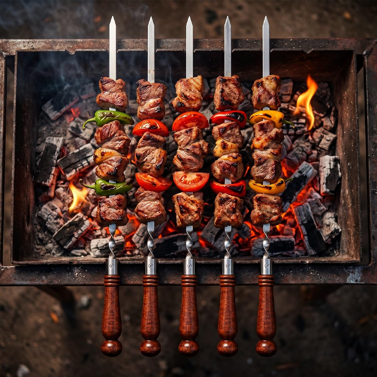 brochetas planas shashlik [cantidad a elegir] de acero inoxidable con mango de madera auténtica - para mangal, barbacoa & fuego de leña, hechas a mano 6 piezas