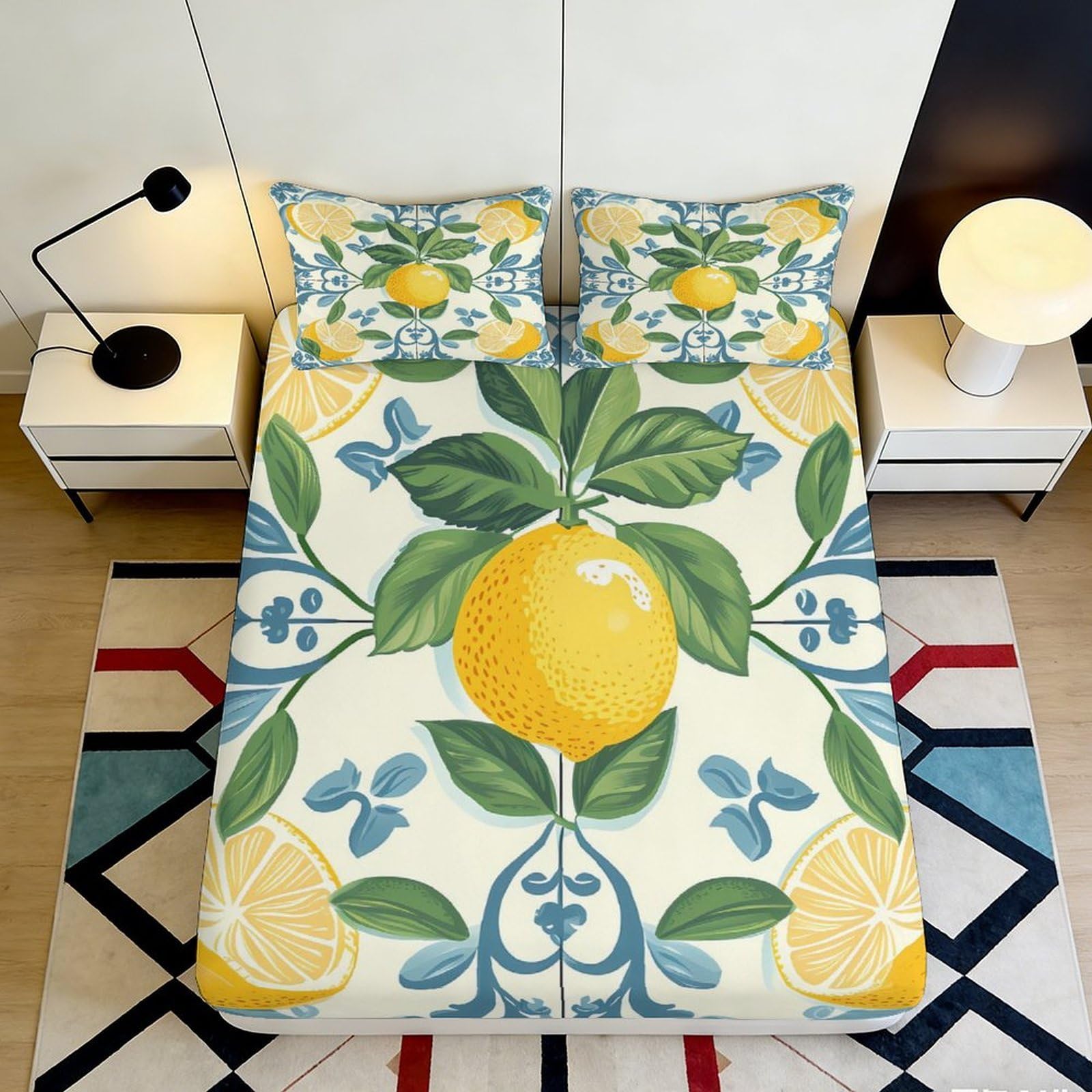 3D Printed Lemon Botanical Fitted Sheet Microfiber Soft Breathable Citrus Fruit Mattress Cover for Bedroom Guest Room Decor 90x200x25cm