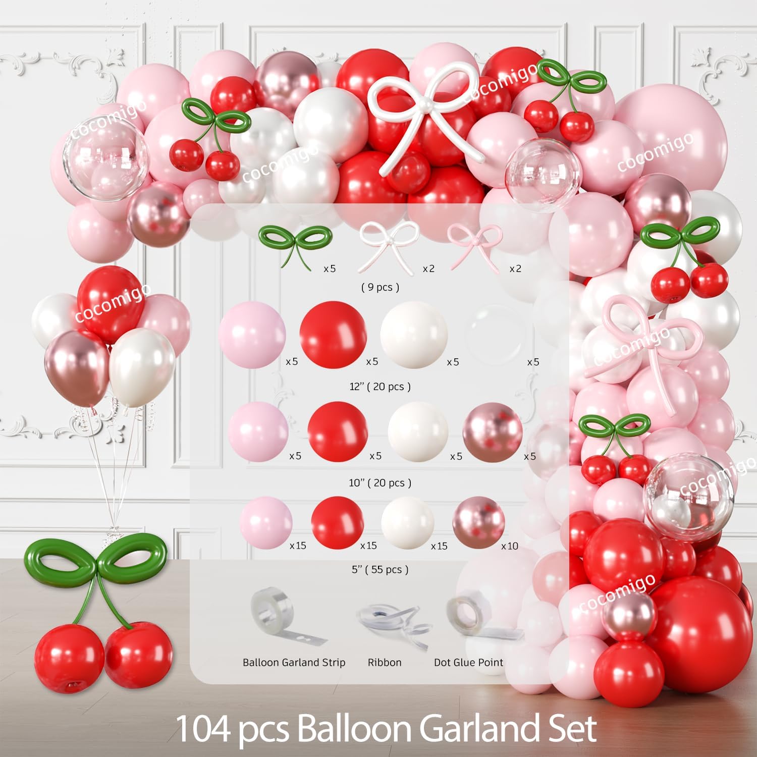 cocomigo 270PCS Cherry Birthday Decorations, 25 Pink Cherry and Bows Theme Tableware, Includes Plates and Napkins, Pink Fringe, Tablecloth, Balloon Kit for Shes the Cherry on top Decorations - Image 8