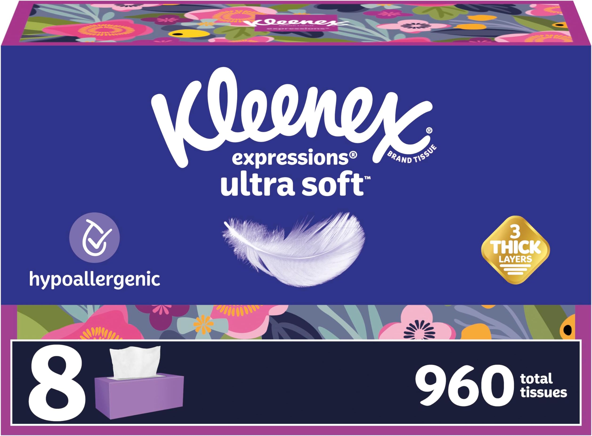 Expressions Ultra Soft Facial Tissues, 8 Flat Boxes, 120 Tissues per Box, 3-Ply, Packaging May Vary