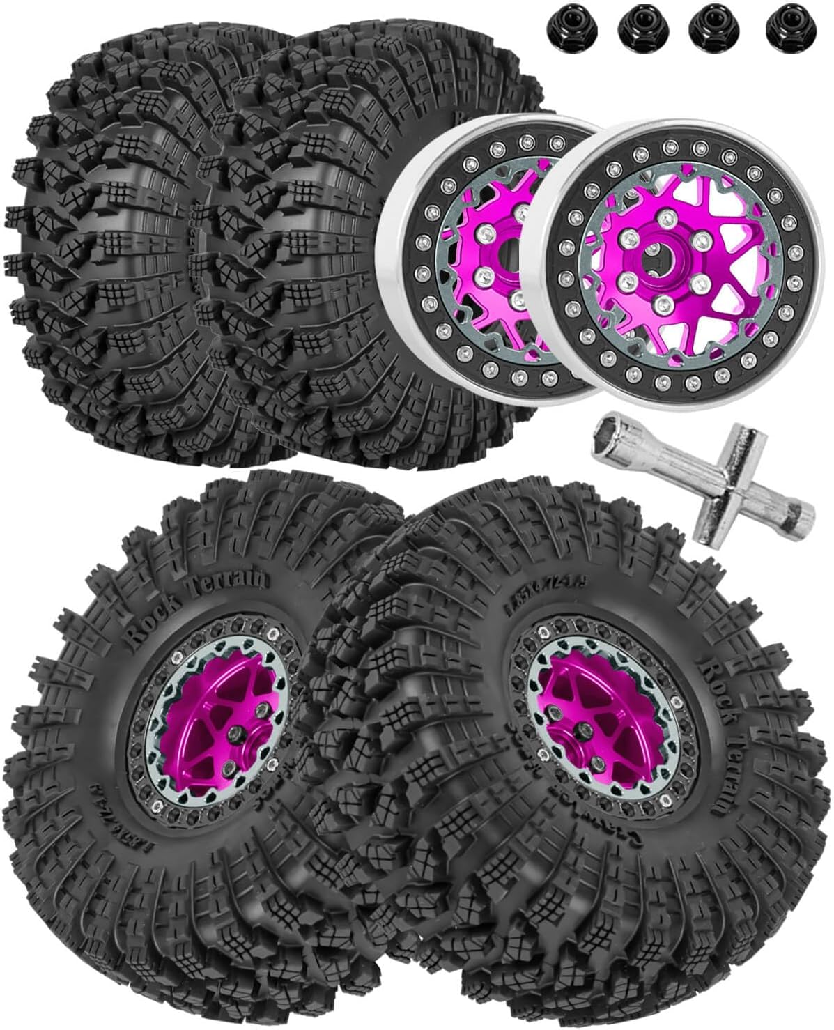 1.9 RC Wheels for 1/10 SCX10 90046 AXI03007 TRX4 TRX6 VS4-10 Gen7 Gen8 MST CFX D90.Aluminium RC Truck Tires Highway Tires 1.9" RC Wheels and Tires 1.9 Beadlock Wheel Rim RC Tires,Pink&Black