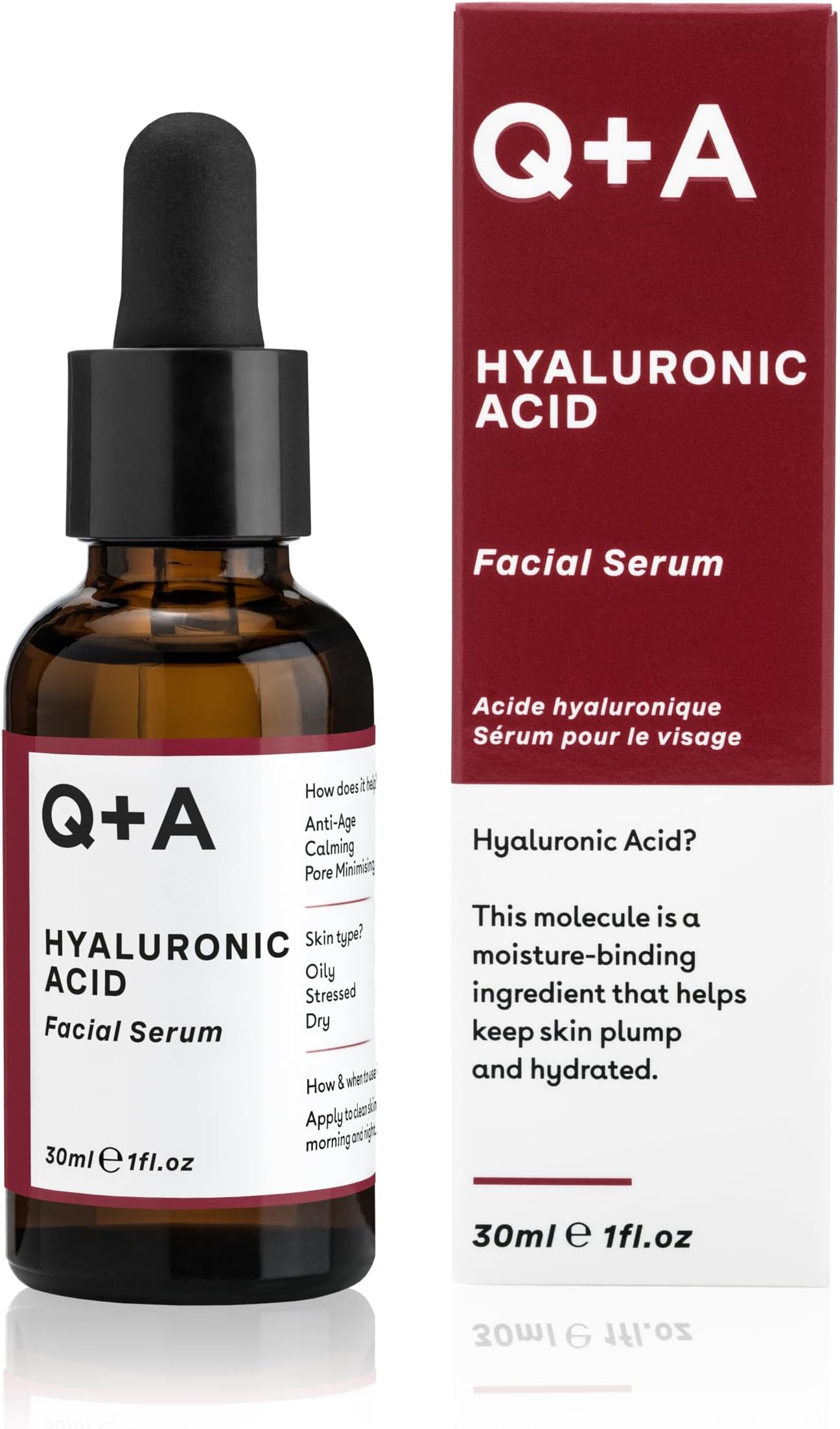 Q+A Hyaluronic Acid Facial Serum. A super hydrating Hyaluronic Acid serum for healthy and plump skin. 30ml/1fl.oz