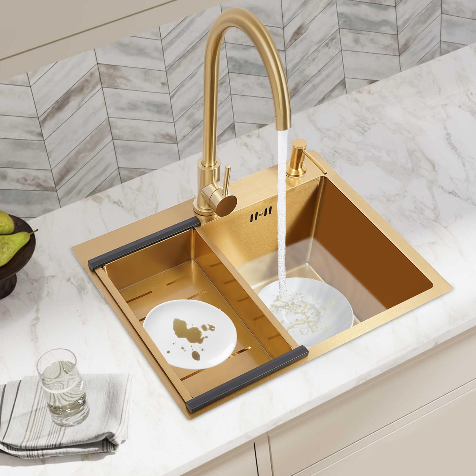 Fregadero de cocina de acero inoxidable 50x45 cm, fregadero de cocina de 1 seno, fregadero empotrable con grifo y escurridor, dorado