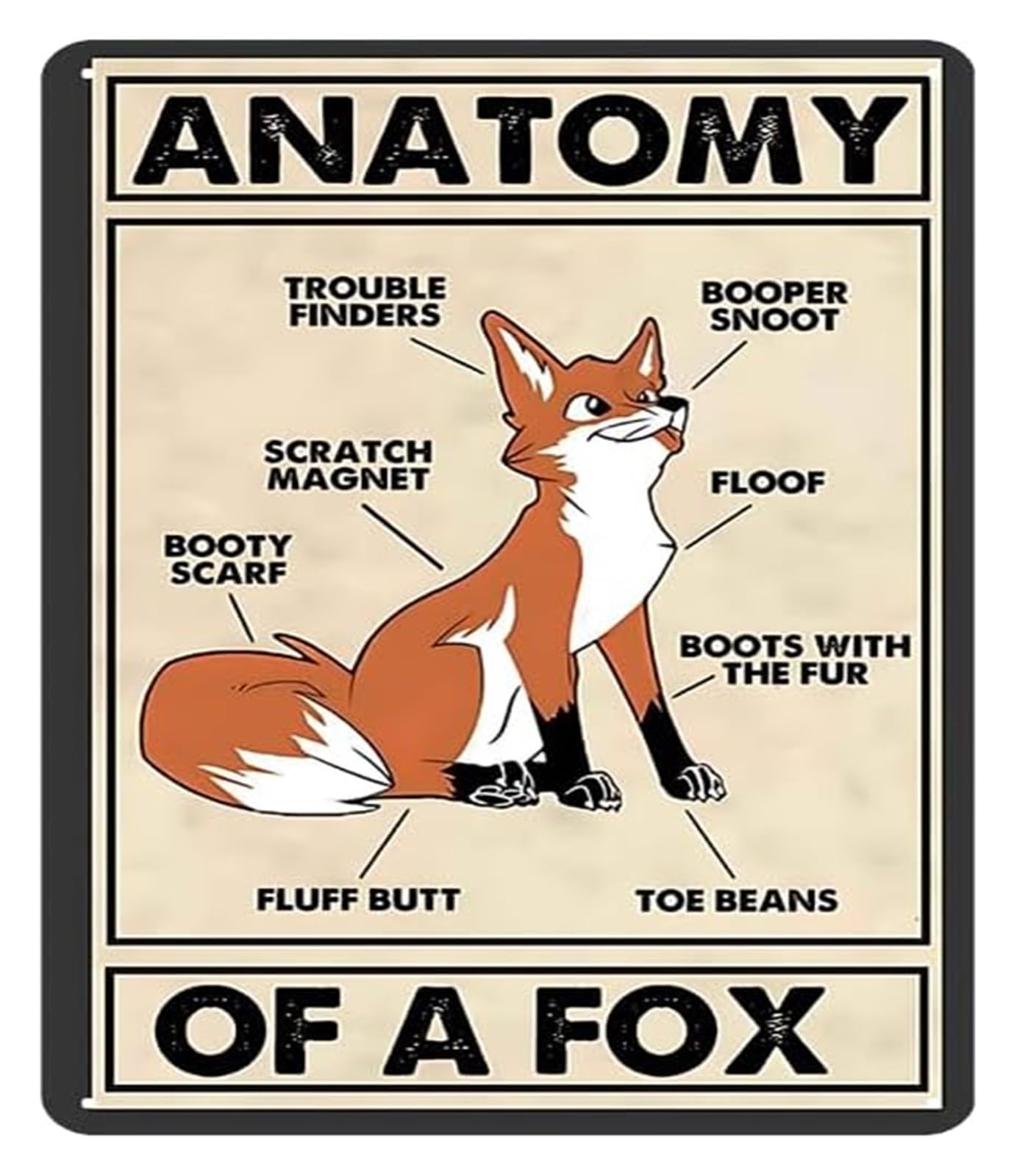ZDVHOMCB Wildlife Metal Sign Fox Anatomy Vintage Hunting Decor Educational Tin for School Home Farmhouse Wall-Art Gift 8 X 12 in
