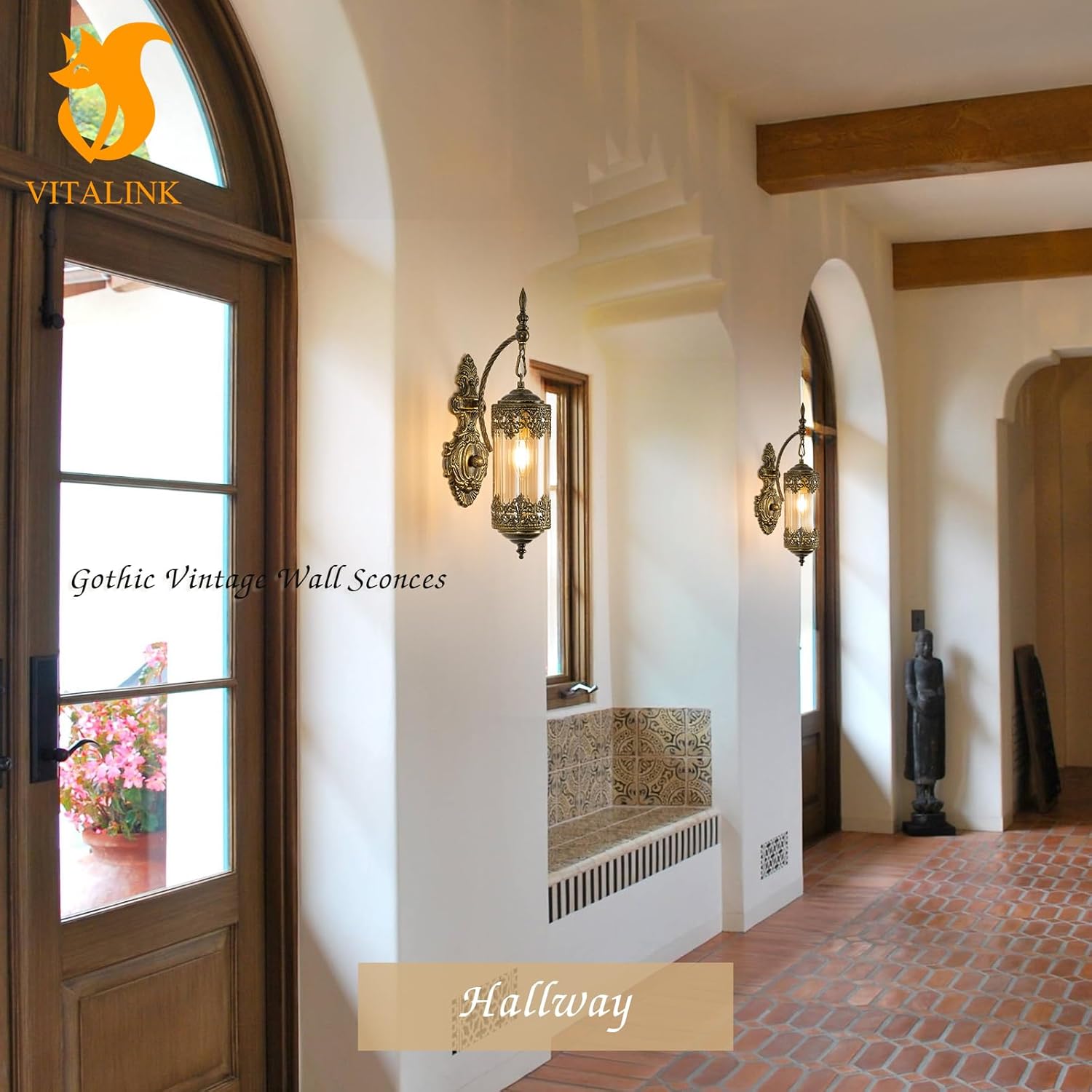 Gothic Wall Sconce 2 Pack, Amber Glass Rustic Gold Wall Lamp Lantern Retro Wall Mount Lighting with Amber Glass, Hardwired Vintage Sconces for Living Room Bedroom Bathroom