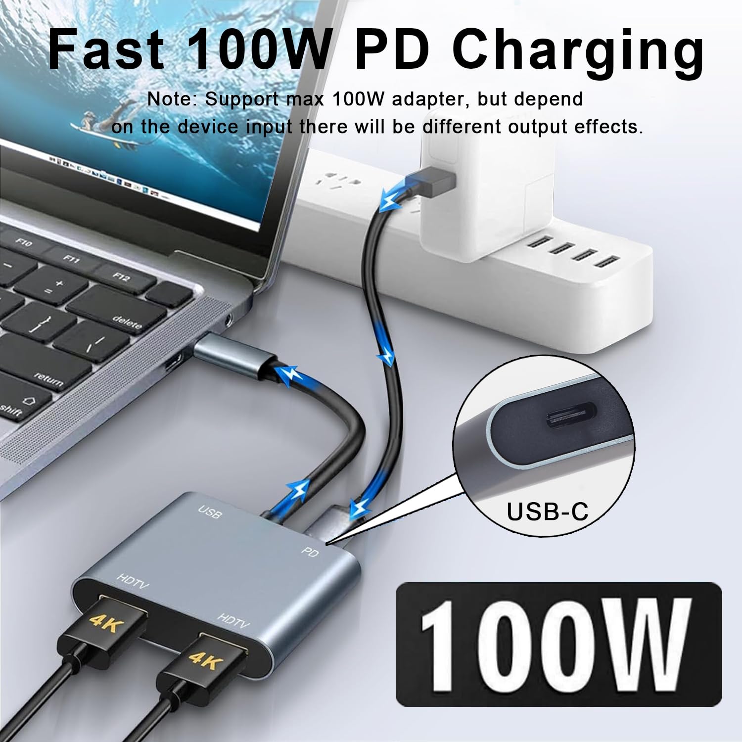 USB C to Dual HDMI Adapter, 4K@60Hz HDMI Splitter for Dual Monitors with USB 3.0, 100W PD Charging, HDMI Splitter Extended Display for MacBook Air/Pro, Dell XPS, HP, Surface, Chromebook 4