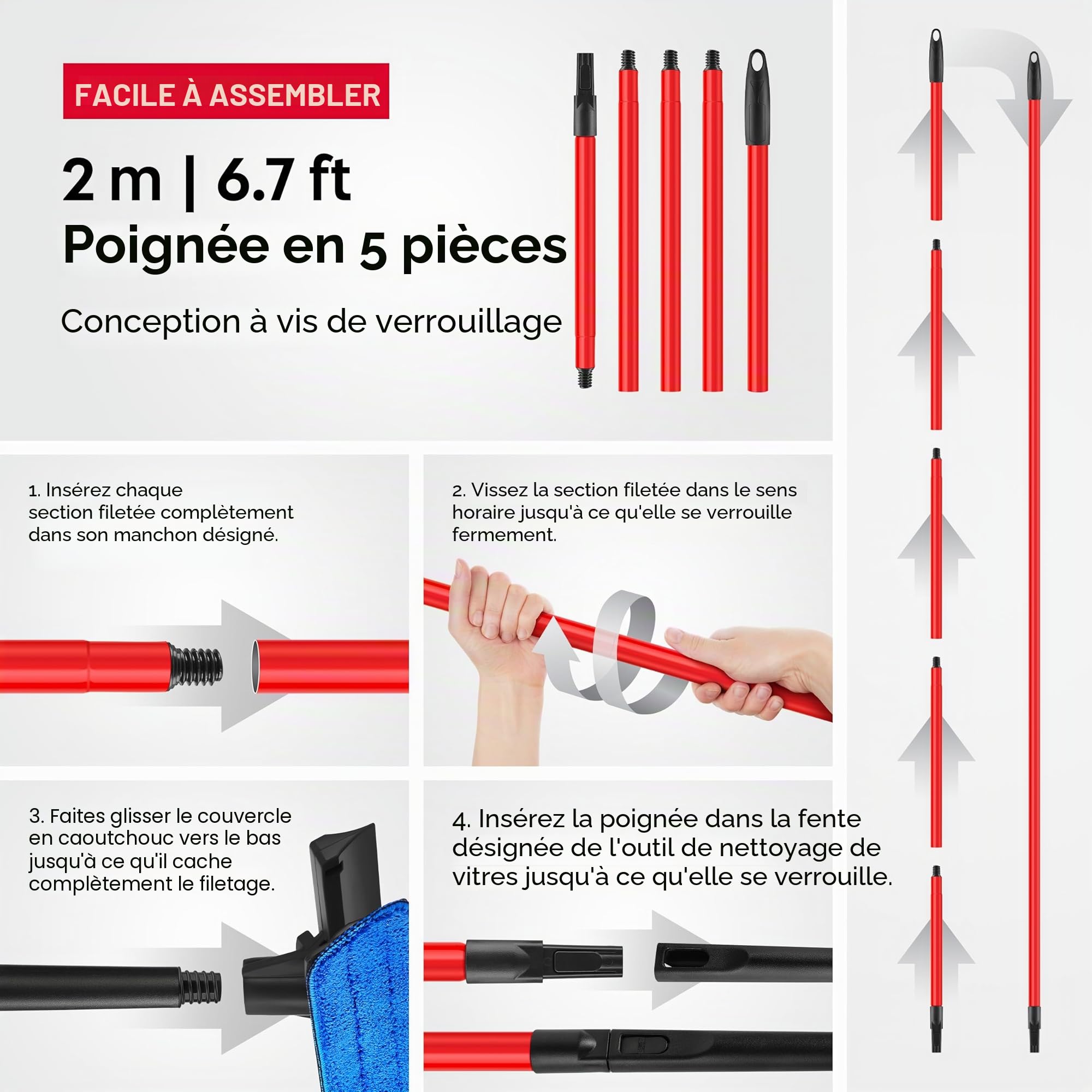 Tyroler Raclette Vitre Professionnel Nettoyage Vitre | 30 à 205cm Lave Vitre Manche Télescopique Nettoyant Vitre | Kit Nettoyage Vitre 2 en 1 | Perche Télescopique Nettoyage Parfaite