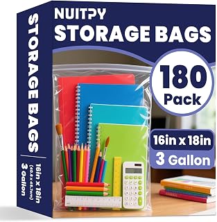 180 Pack Large 3 Gallon Storage Bags with Zipper Top, 16 x 18in Zipper Bags | Clear Plastic Bag for Storage, Reusable, Sealable Storage Bag for Clothes, Travel & Moving, Double-sided Thickness 4 Mil