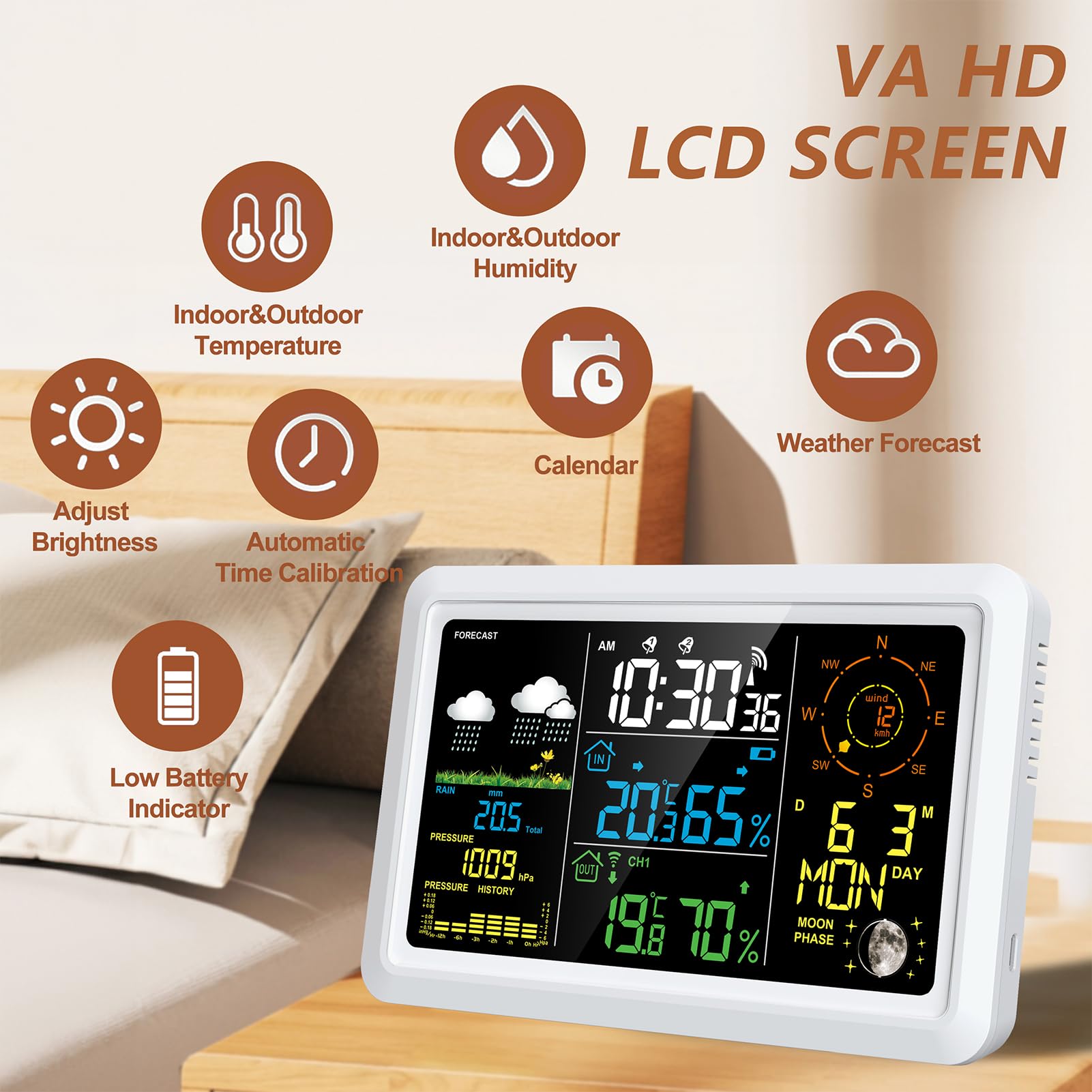 Wetterstation mit Außensensor Innen-/Außenthermometer mit 7,5-Zoll-VA-LCD-Bildschirm Wettervorhersage Temperatur Luftfeuchtigkeit Luftdruck Windgeschwindigkeit und -richtung Mondphase