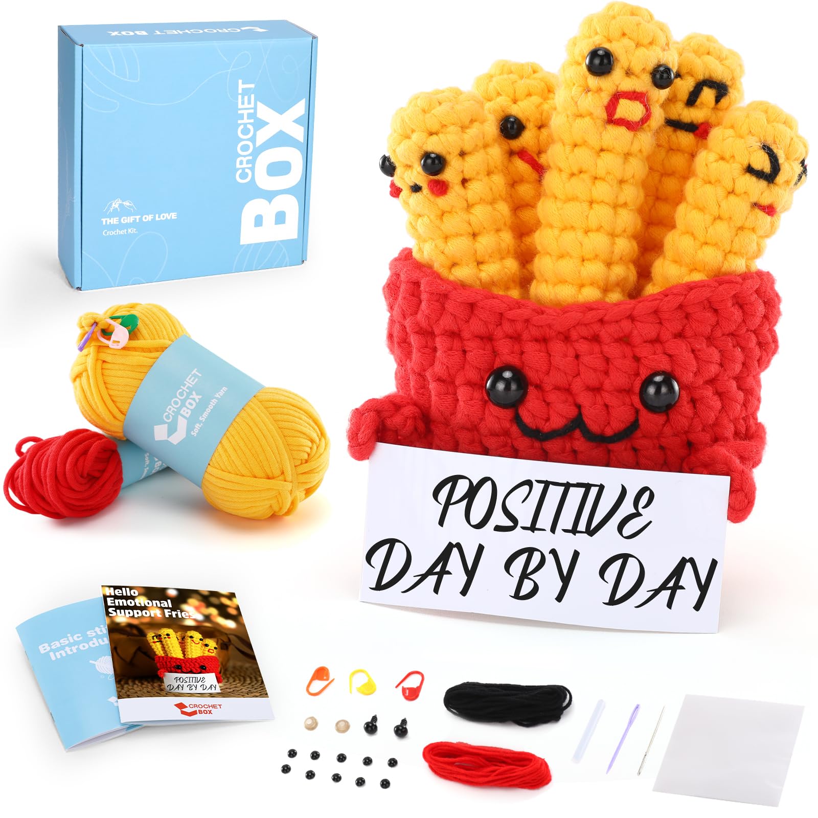 Positive Emotional Support Fries - Crochet kit for Beginner, Beginners Crocheting Kitting for Adults Kids, DIY Funny Handmade Craft Gifts with Crochets Yarns, Hook, Step-by-Step Video, Instruction