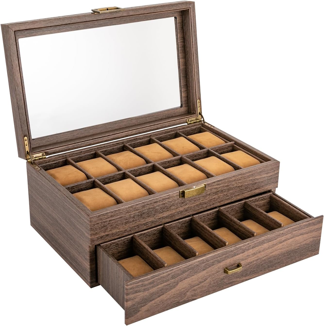 Lumivew 24-Compartment 2-Tier Watch Box | Watch Display Case with Glass Window & Removable Pillows Jewelry Storage Organizer for Dresser/Closet/Store Display Ideal for Watch Collectors & Men