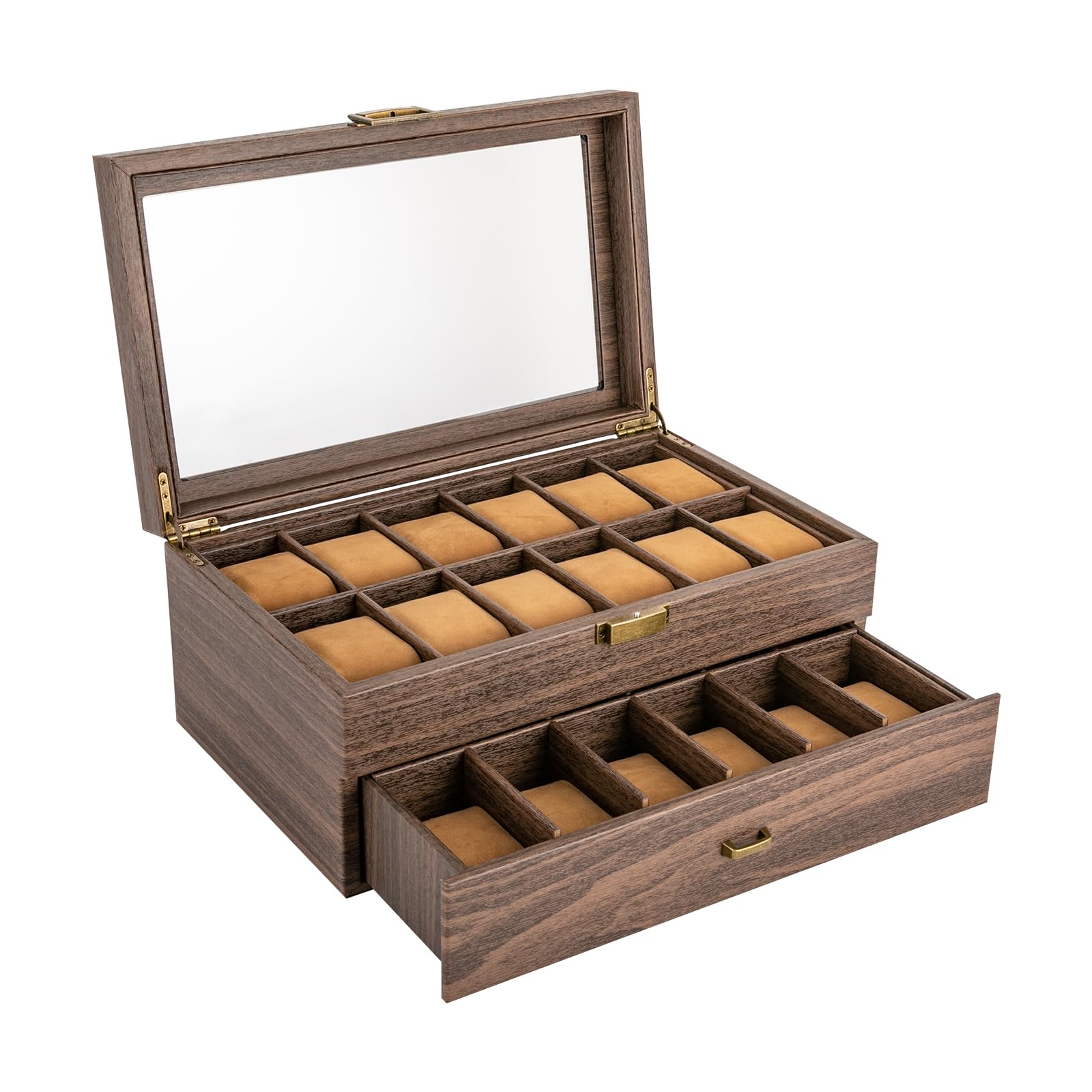 MUSESPANI 24-Compartments Watch Box, 2 Layers Watch Case, Watch Display Case with Transparent Window Veneer,Watch Box Organizer, Wooden Watch Organizer (2 Layers,PU)