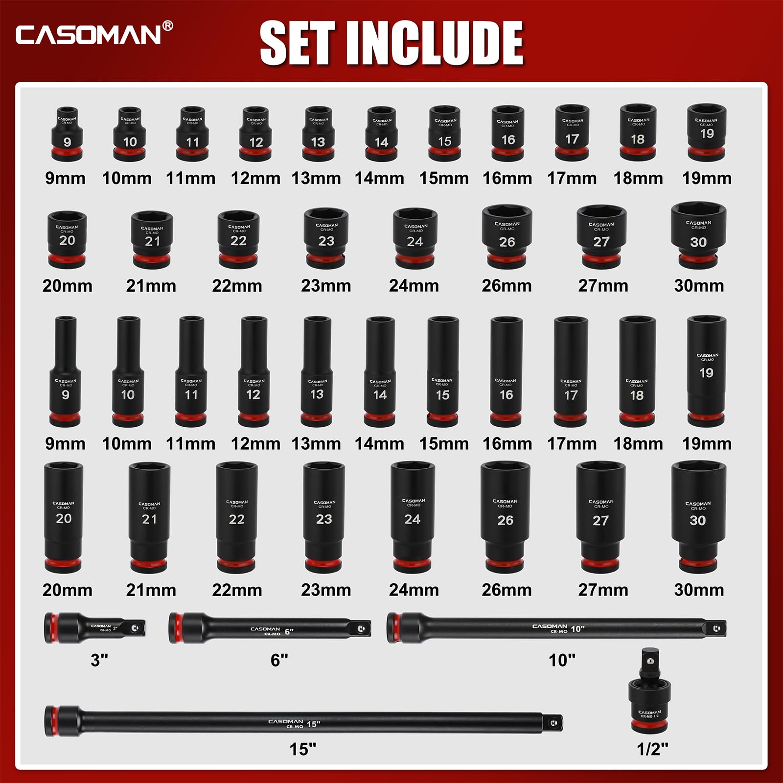 CASOMAN 43-Piece 1/2" Drive Master Impact Socket Set, Deep and Shallow, 6-Point, Metric, 9mm, 30mm, CR-MO Steel - Image 2