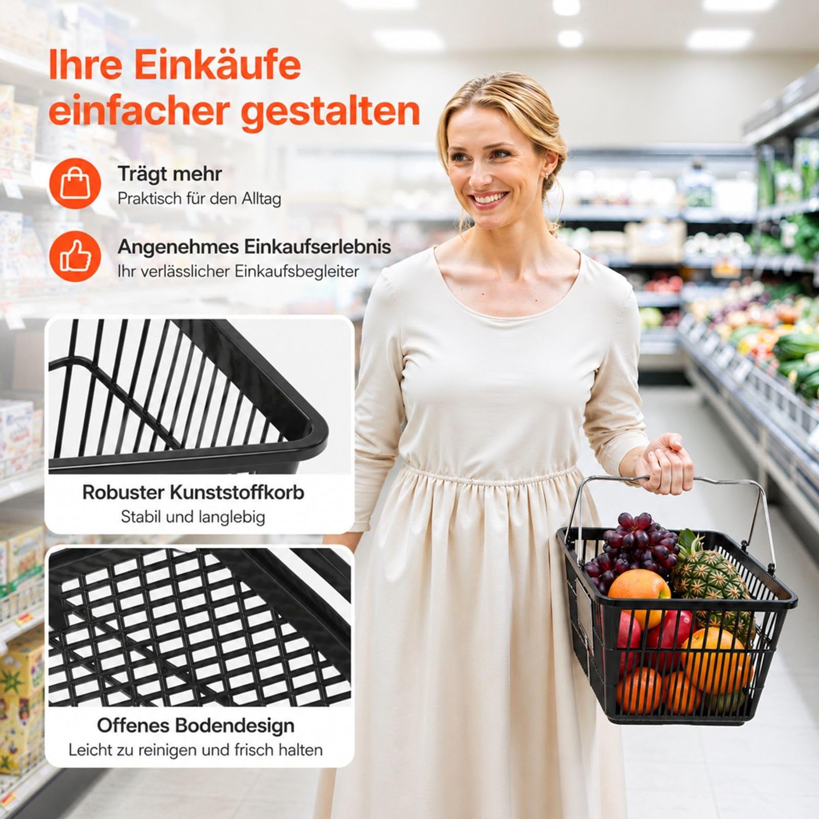 Einkaufskorb aus Kunststoff, 12er-Pack, 21 L, schwarz, stapelbar, mit Metallgriffen, engmaschige Struktur, für Lebensmittelgeschäft, Einzelhandel und Supermarkt