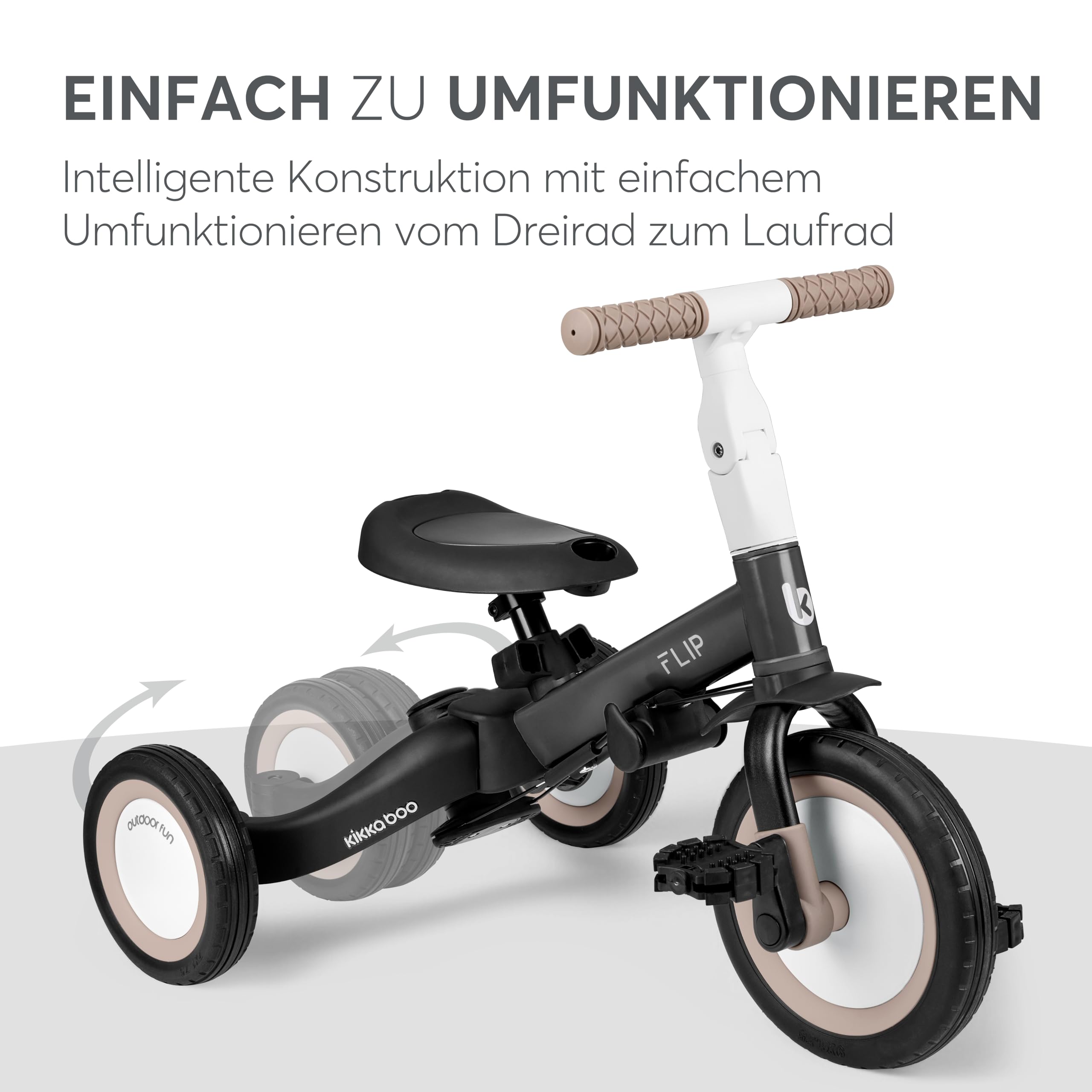 KikkaBoo FLIP Dreirad ab 1 Jahr mit Schubstange - Bis zu 5 Jahre, Laufrad 5-in-1, Umwandelbares Kinderdreirad zum Laufrad mit oder ohne Pedale, verstellbar und umbaubar, Schwarz