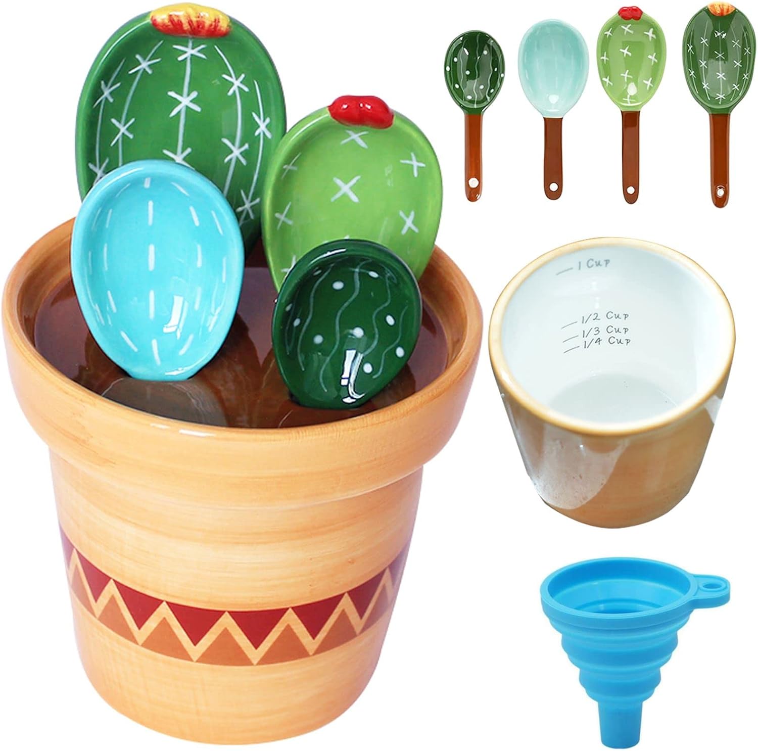 Cactus Measuring Spoons Set in Pot Unique Measuring Cups and Spoons for Coffee Salt Sugar Novelty Cute Baking Gifts Dishwasher Safe Ceramic Measuring Spoons Green