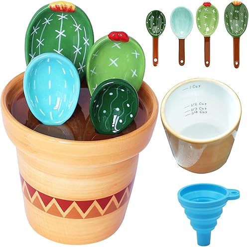 Juego de cucharas medidoras de cactus en maceta, tazas y cucharas medidoras únicas para café, sal y azúcar, regalos lindos para hornear, aptas para