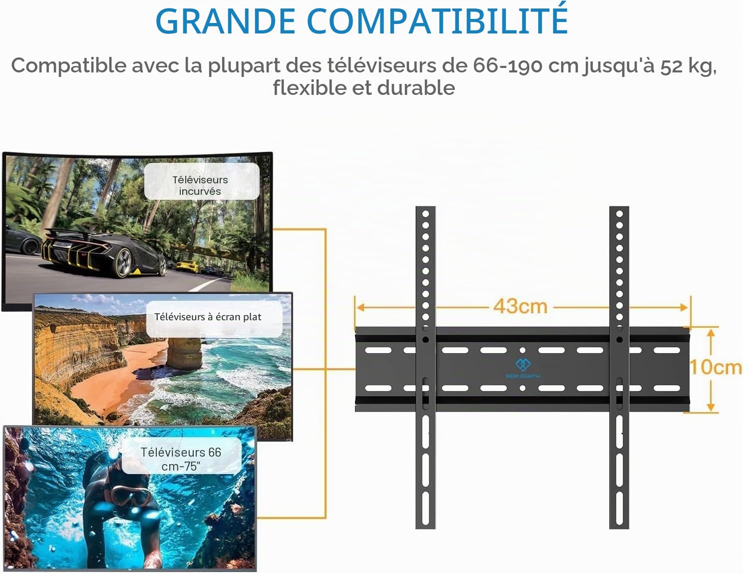 Support Mural TV pour la Plupart des téléviseurs Plats & incurvés LCD, OLED de 26-75 Pouces - Support TV avec VESA Max de 400x400mm Capacité Max de 52 kg