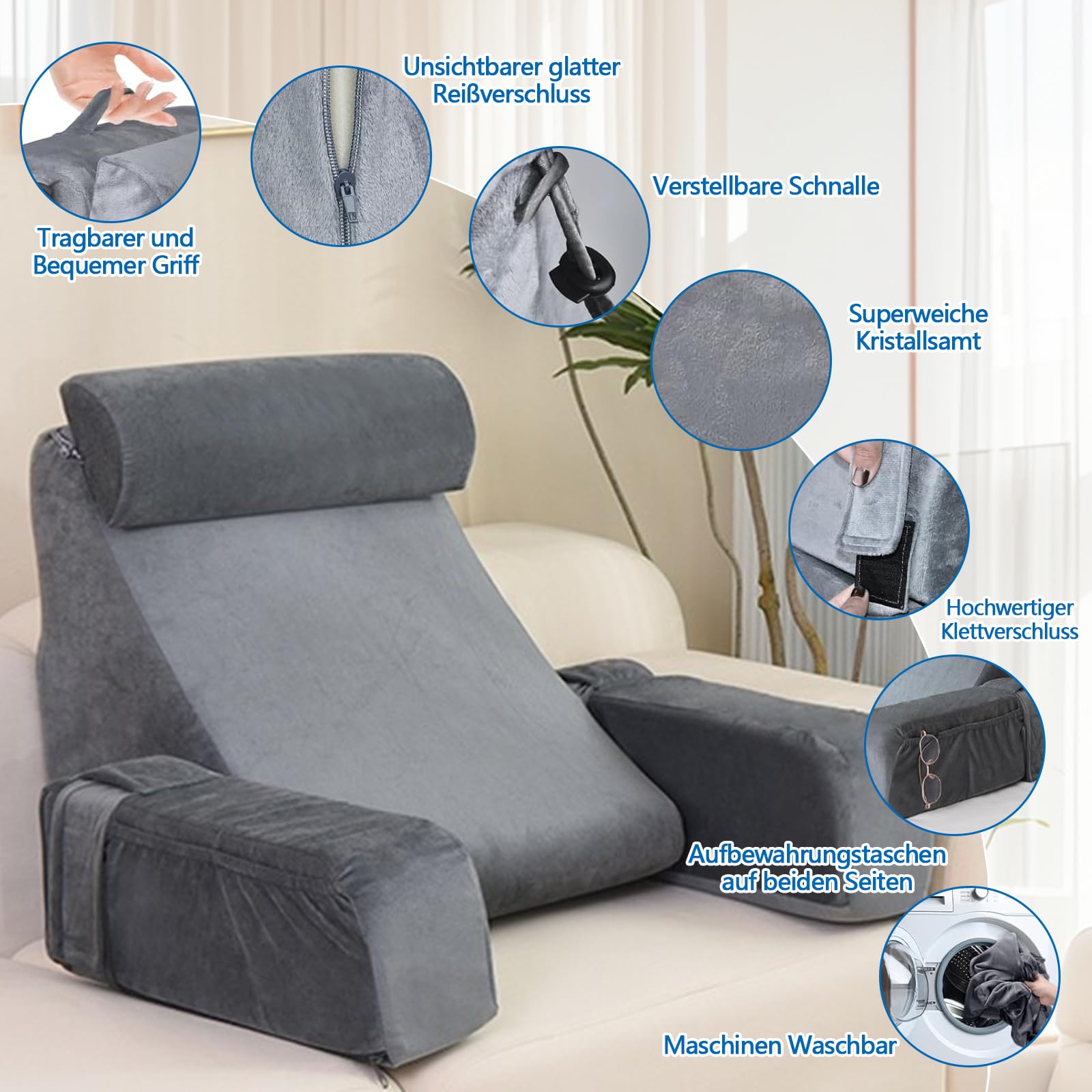 Rückenkissen, Lesekissen für Bett und Sofa mit abnehmbaren Armlehnen und Kopfkiseen, Rückenlehne für Erwachsene, Keilkissen mit Waschbarem Bezug, Rückenstützkissen zum Lesen/Spielen/Fernsehen