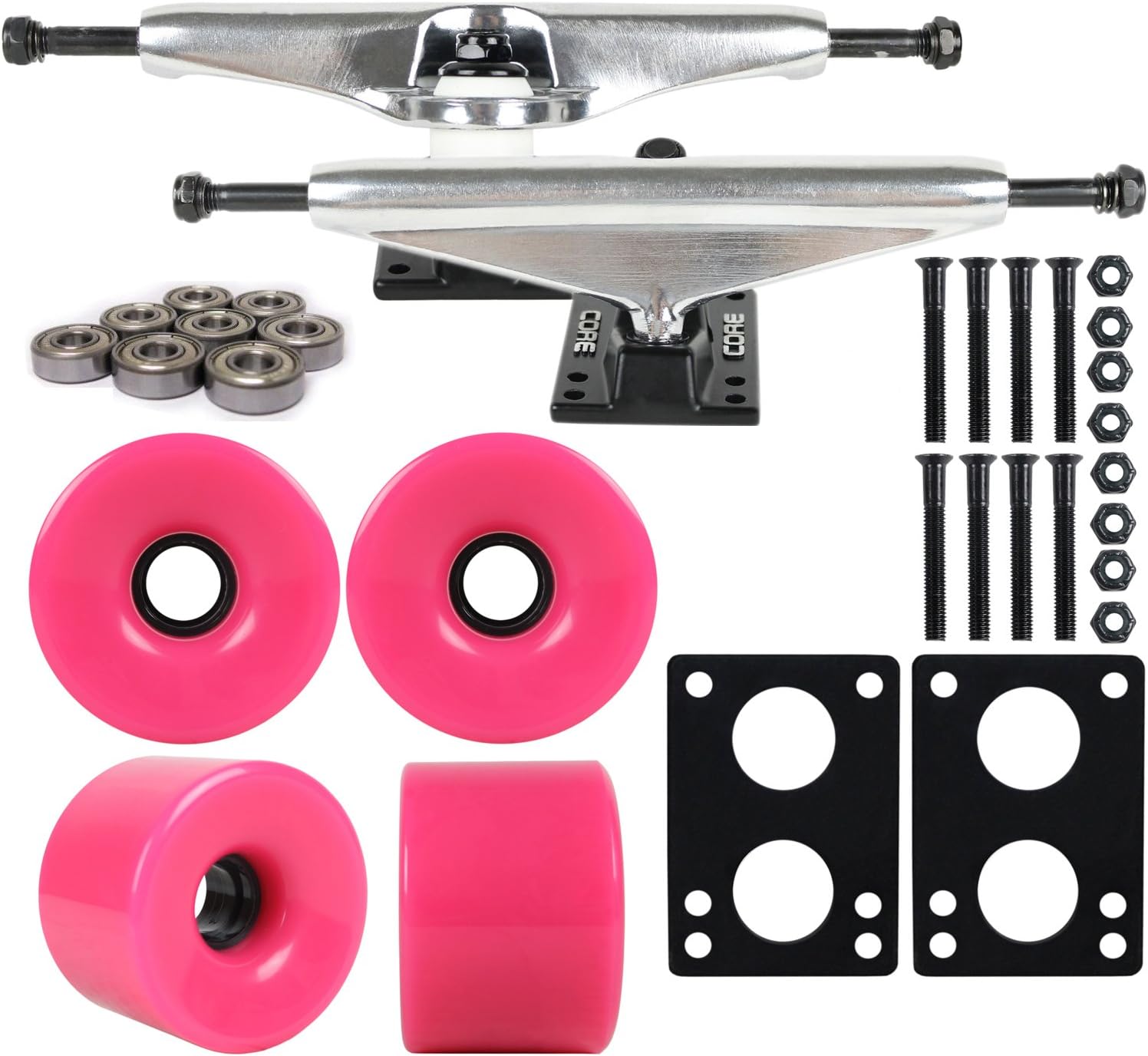Longboard Skateboard Trucks Combo Set 70mm Blank Wheels with Silver Trucks, Bearings, and Hardware Package (70mm Pink Wheels, 7.0 (9.63") Silver Trucks)