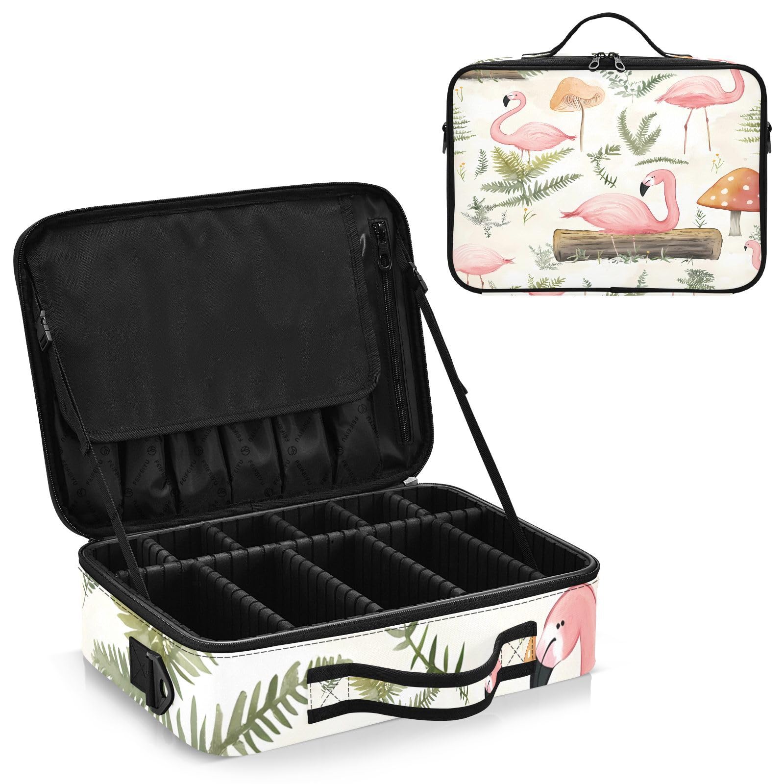 zyrtty Travel Makeup Train Case Flamingo Mushroom Pattern Cosmetic Organizer Portable Storage Bag with Adjustable Dividers for Cosmetics Brushes Toiletry Jewelry Digital Accessories