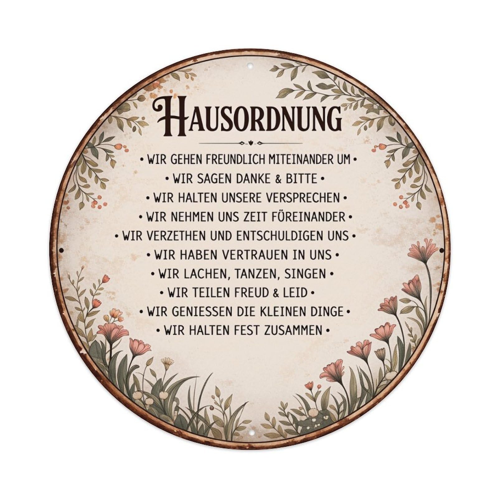 Floral Border With Text Circle Vintage Round Tin Sign Retro Metal Wall Decor Metal Poster, Home Bar Garage Cafe Wall Art Decoration 8x8Inches