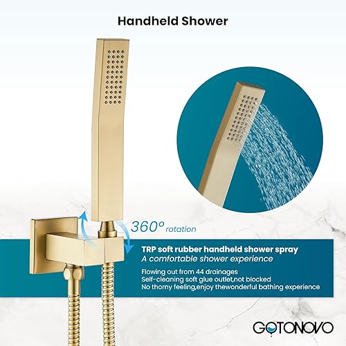 Miniatura 7 de gotonovo Sistema de grifo de ducha de lluvia de 10 pulgadas, cabezal de ducha de lluvia con rociador de mano, boquilla de cascada, mezclador montado
