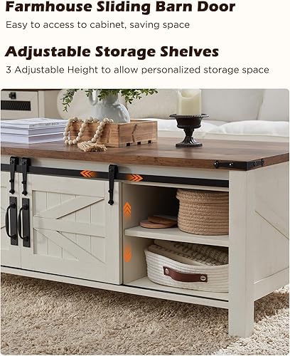 Miniatura 6 de OKD - Mesa de centro de granja de 48" con puerta de granero deslizante, mesa rústica con compartimento de almacenamiento oculto, superficie superior