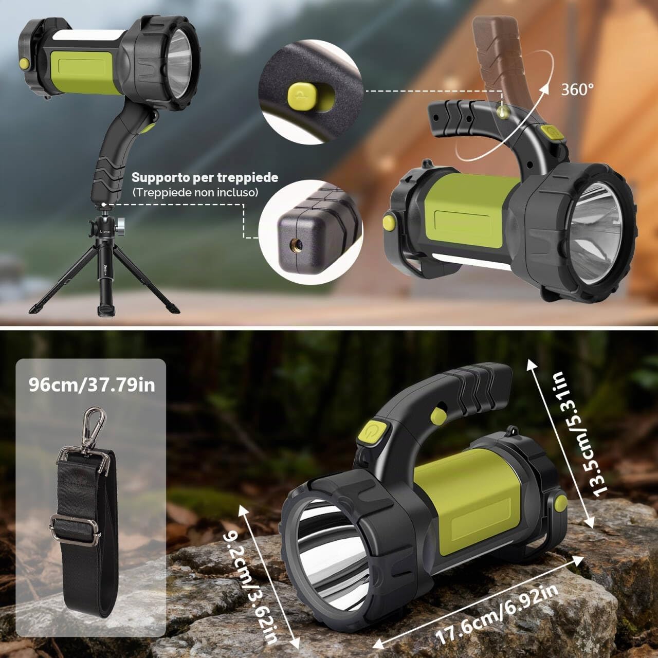 Torcia LED ricaricabile, con luce laterale, 3000 LM, 6 modalità | 2400 mAh, impugnatura girevole, IP67, indicatore di carica, adatta per escursionismo, emergenze, campeggio