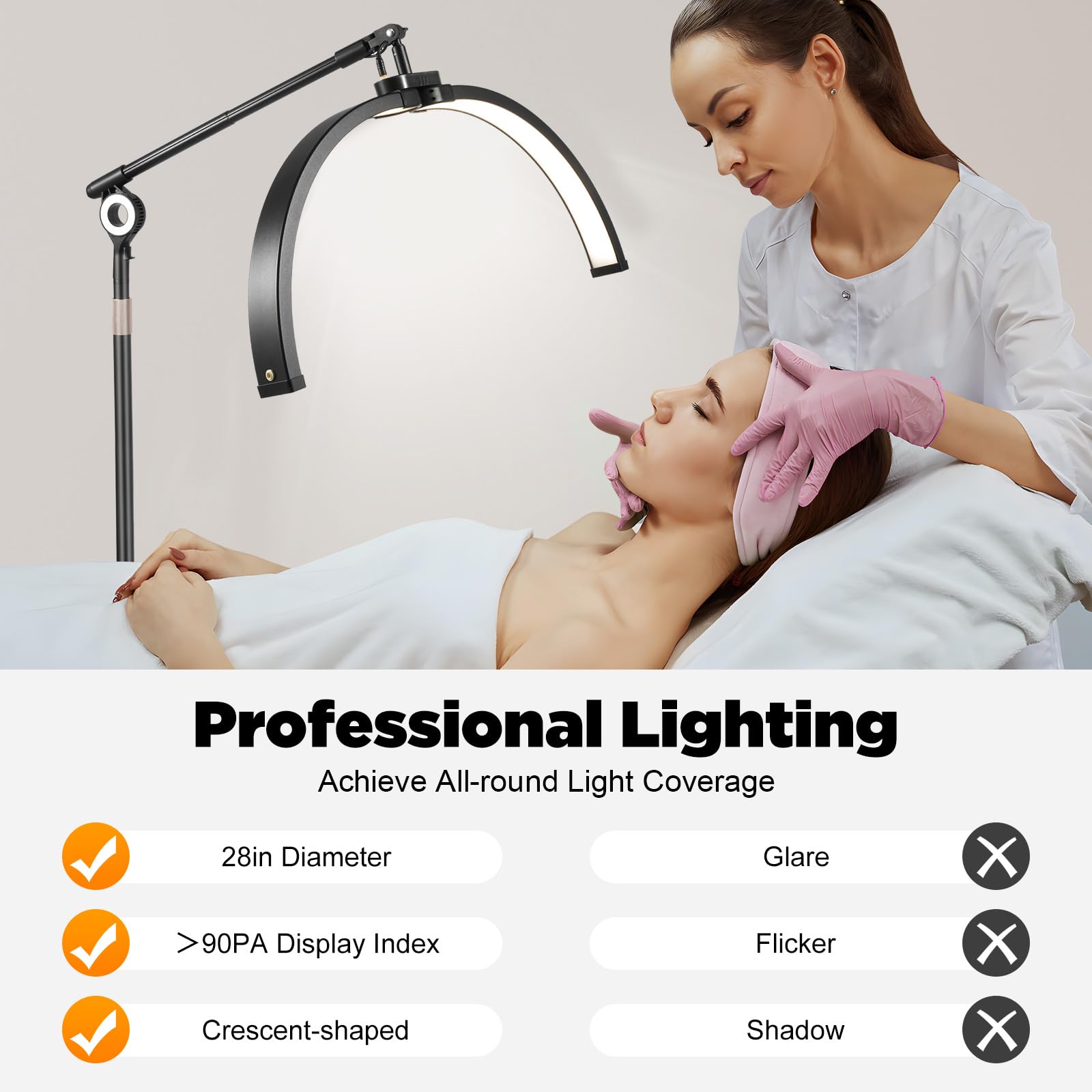 Lampada cosmetica a mezzaluna, con supporto per telefono e rotelle, regolabile a 350°, due opzioni di controllo, 3200 K-5600 K, luci di bellezza per saloni fotografici, tavoli da trucco (28 pollici