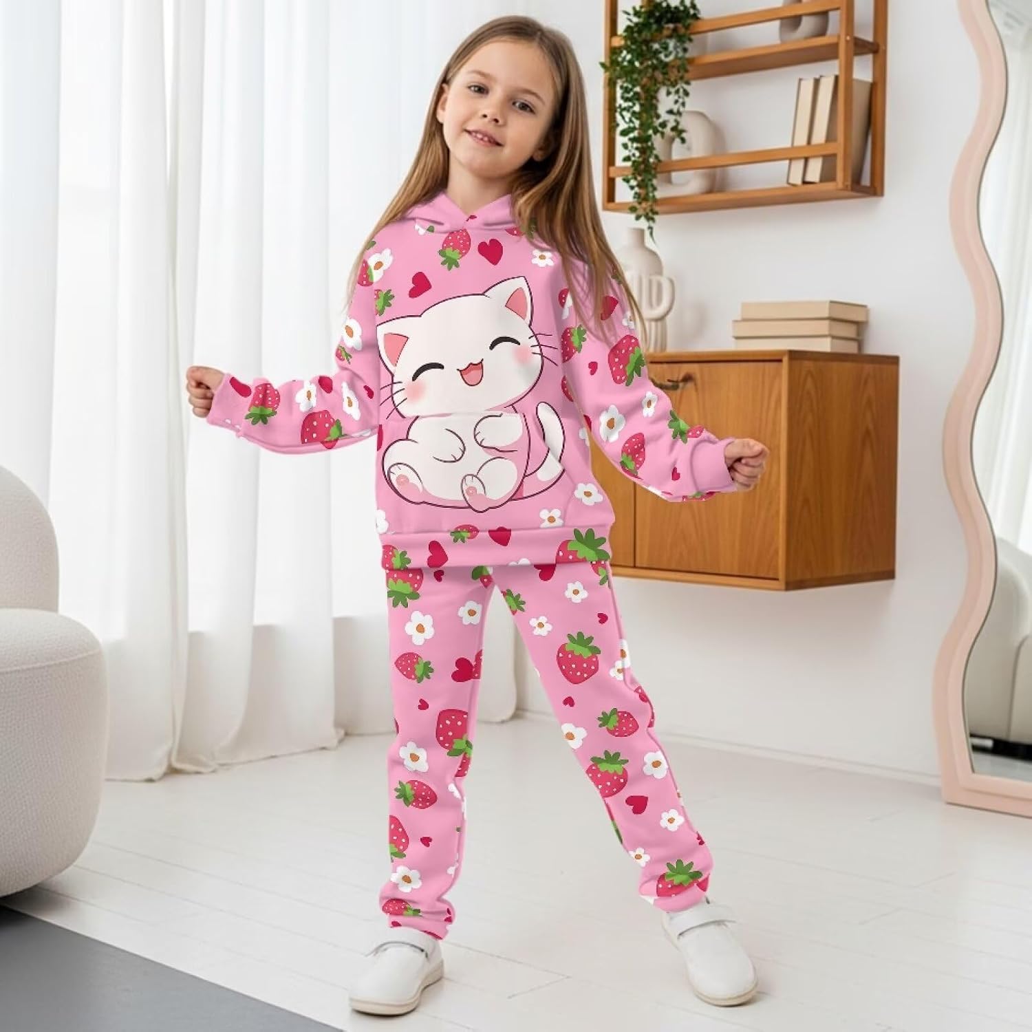 Kids Fall 2 Piece Outfits Girls Cute Sweatsuit Size 5-12 Long Sleeve Hooded Sweatshirt and Sweatpants Sets