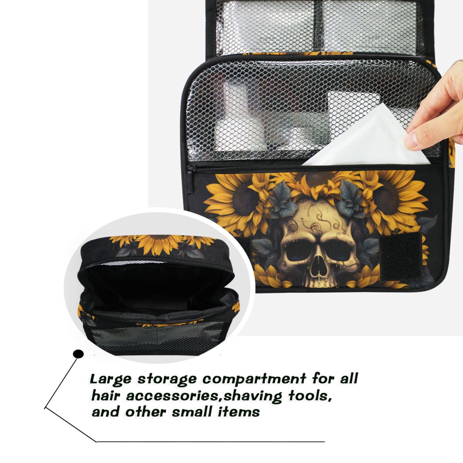 MNSRUU Neceser colgante de calavera y girasol, bolsa de maquillaje de viaje para artículos de tocador, organizador de artículos de aseo portátil, bolsas de cosméticos con gancho para colgar, Calavera