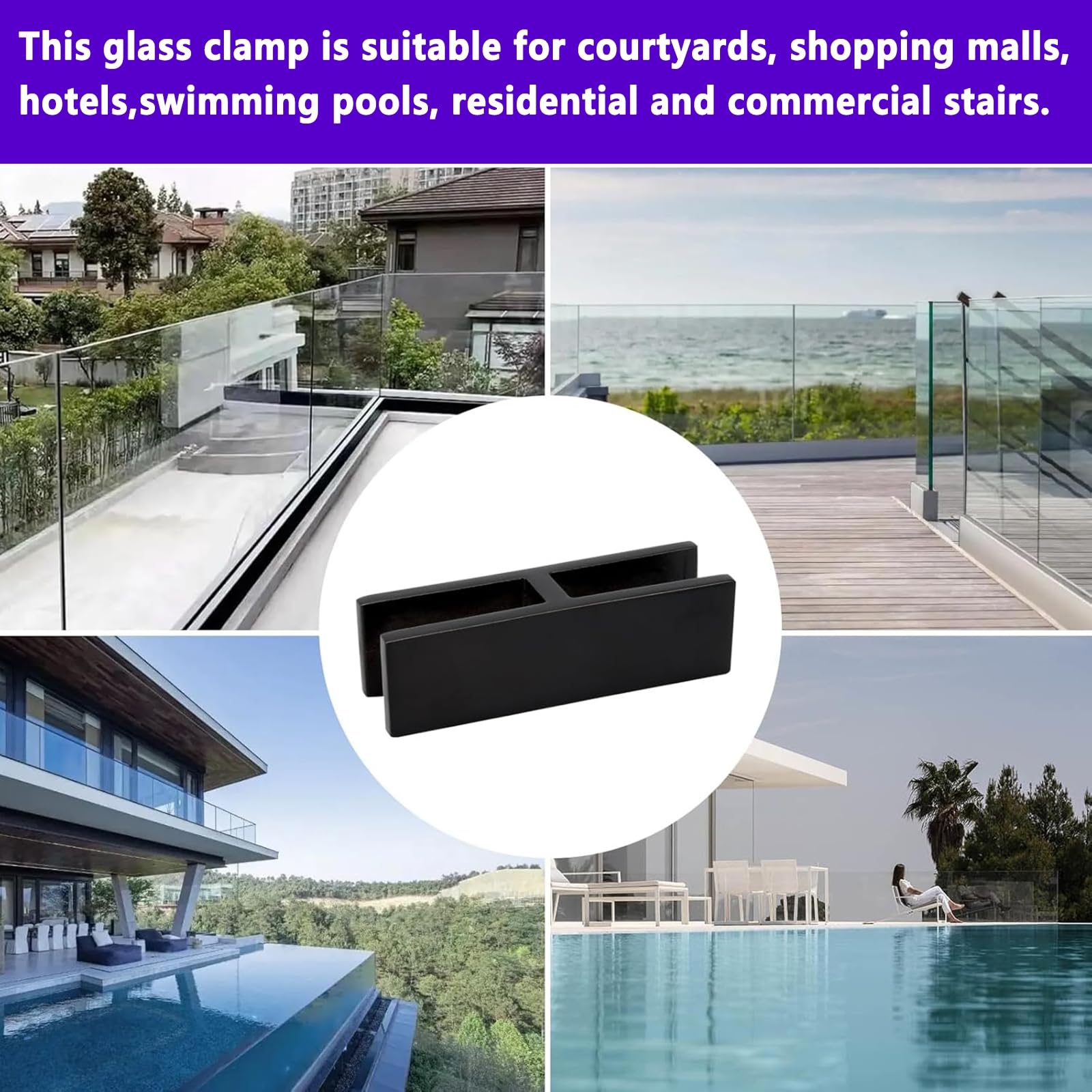 Abrazadera De Acero Inoxidable 304 Para Barandillas De Vidrio A Vidrio | Abrazadera Sin Marco Con Juntas De Goma Para Barandillas De Piscina, Balcones Y Terrazas