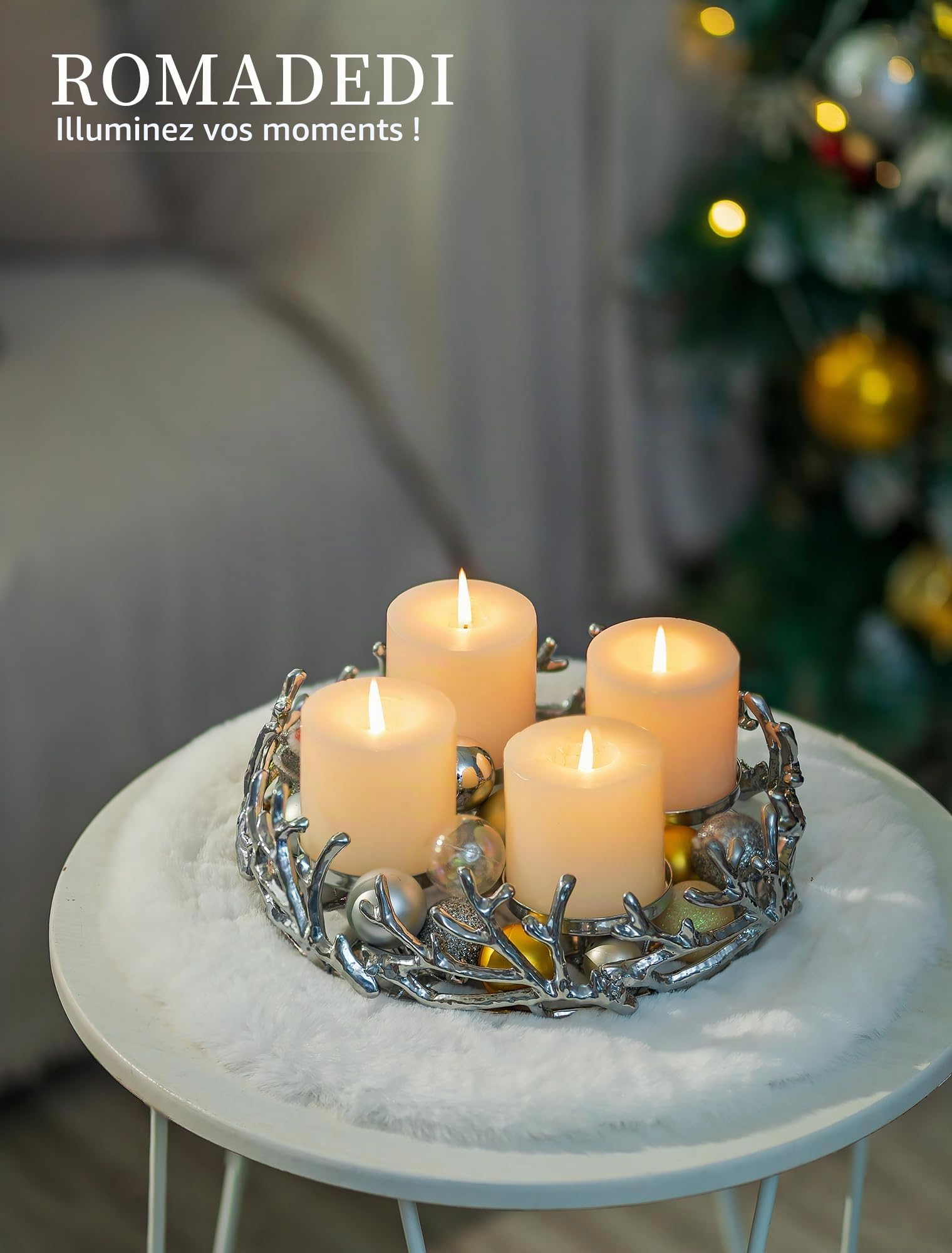 Romadedi Couronne de l'Avent Vintage en forme de bois de cerf Argent: Arrangement de couronne de l'Avent rond petit en aluminium Ø 28 cm pour 4 bougies de 8 cm de diamètre - Support de couronne de