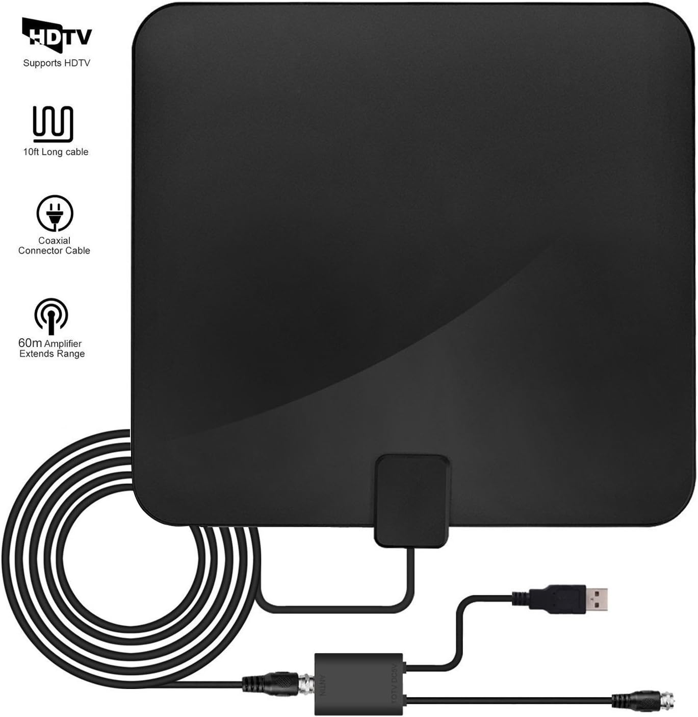 HDTV Antenna, Pecham 60 Miles Range Amplified Digital TV Antenna, 4k
