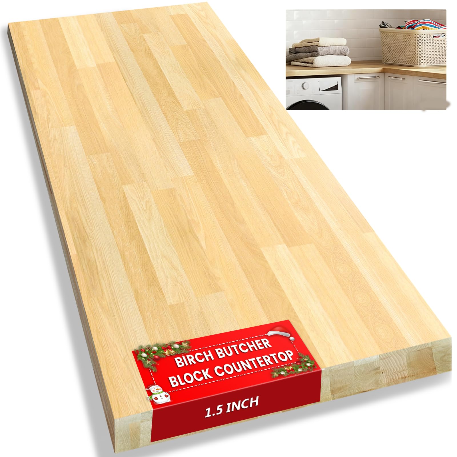 Butcher Block Countertop, Solid Wood Table Top - 3.5ft Unfinished Birch Work Bench Top Cut to Size for DIY Desktop/Washer Counter/Office Desk/Kitchen Island/Living and Dining Room Tables 42x25x1.5in