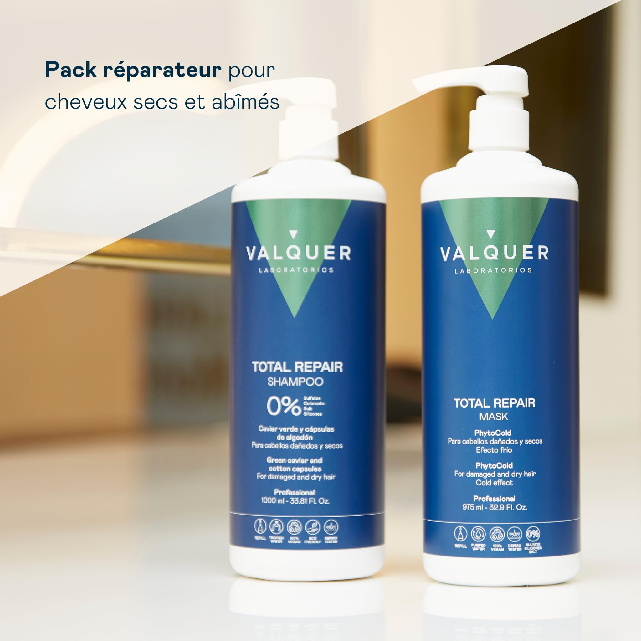 VALQUER Pack Total Repair Shampoing 0% + Masque Effet Froid | Routine Complète pour Cheveux Secs et Abîmés | Caviar Vert et Vitamine E | Vegan | 1 L + 975 ml | Répare, nourrit et hydrate les cheveux secs et abîmés - Végétalien