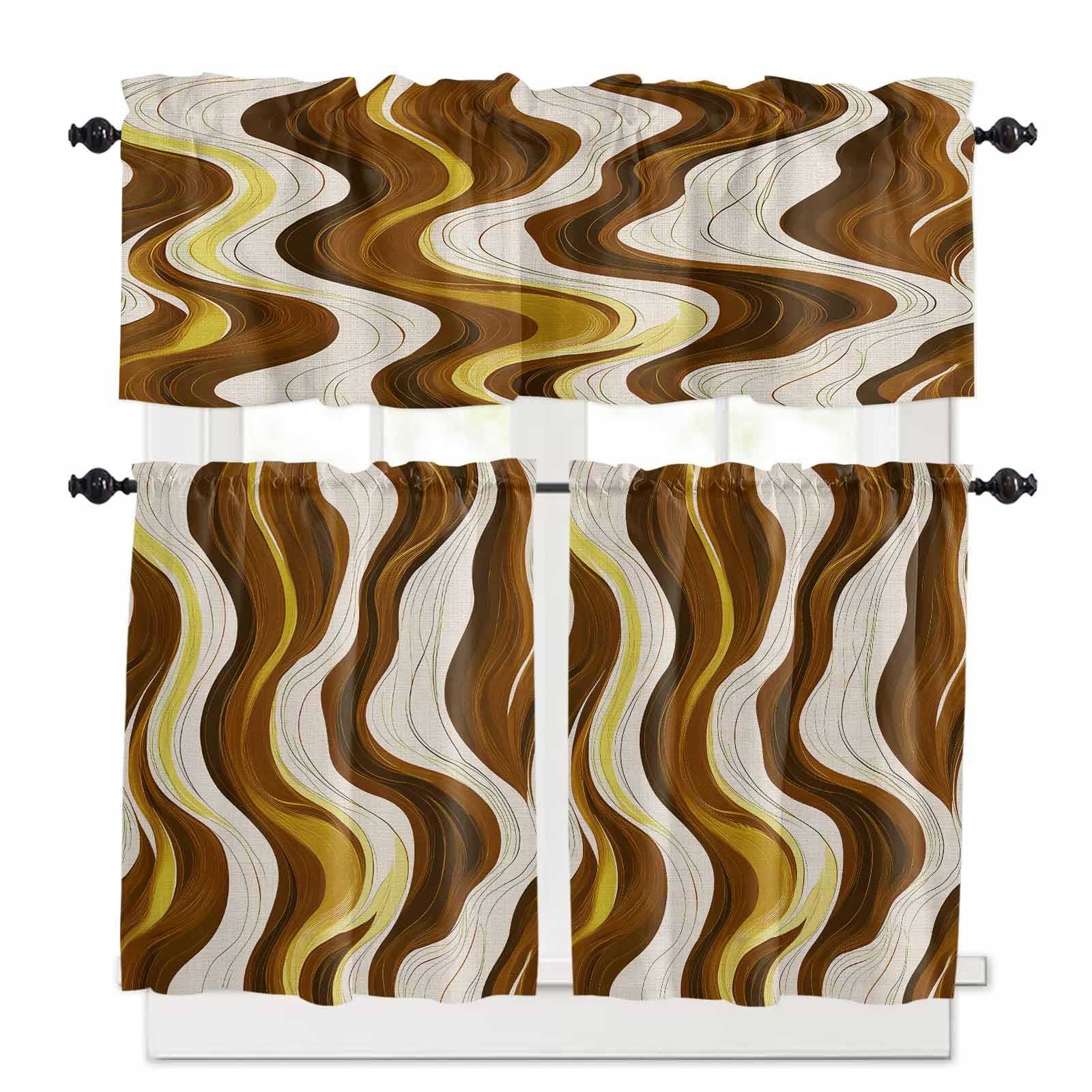 Geometric Brown Kitchen Curtains 24 Inch Length,3 Piece Rod Pocket Small Half Tiers and Valance Set,Gold Vintage White Stripe Coastal Sea Wave Small Large Window Treatment Decor for Bedroom/Bathroom