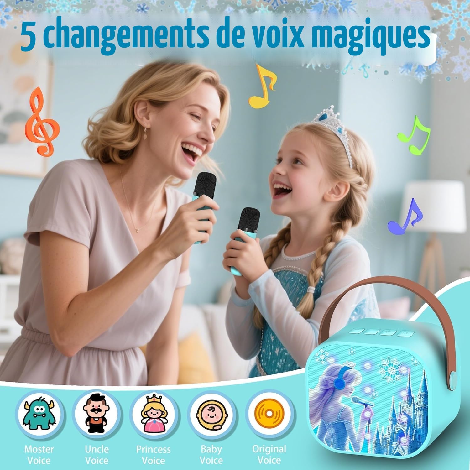 Micro Karaoké Enfant Fille, Enceinte Bluetooth Frozen avec 2 Micros sans Fil, Cadeau Frozen 3 4 5 6 7 8 9 Ans,Micro Enfant pour Chanter, Idée Cadeau Anniversaire Fille