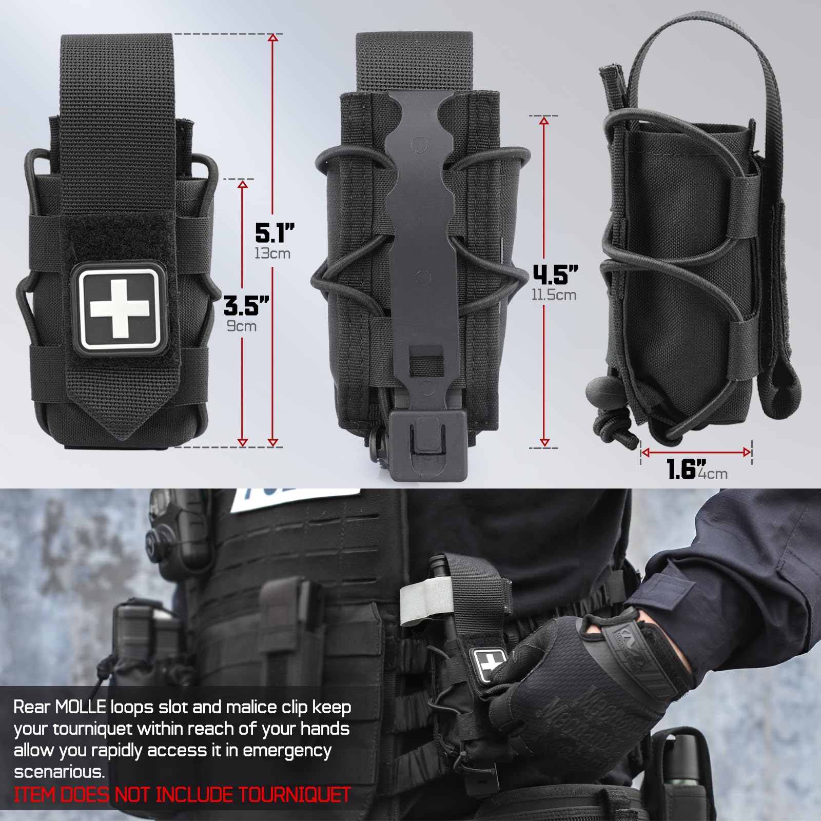 WYNEX Tactical Tourniquet Beutel – Molle Trauma-Schertasche Mit Gürtelschlaufe, Für CAT, SOF-T & Co., Schneller Zugriff, Inkl. Rot-Kreuz-Patch